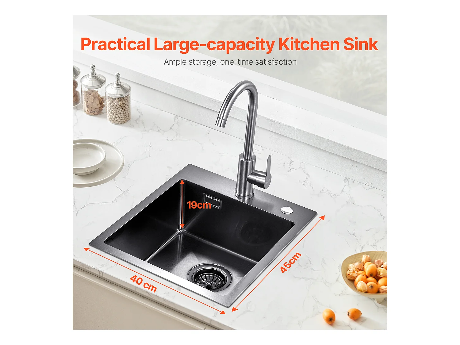 Küchenspüle SucceBuy Küchenspüle, 40 cm, Top Mount Küchenspüle, Einzelbecken, Edelstahl, Schwarz