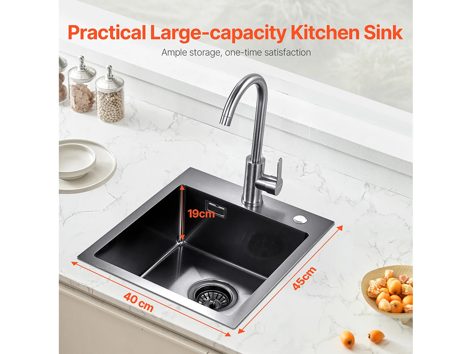 Lava-loiça de Cozinha SucceBuy, Lava-loiça de Cozinha de 40 cm com Montagem Superior, Cuba Simples, Aço Inoxidável, Preto