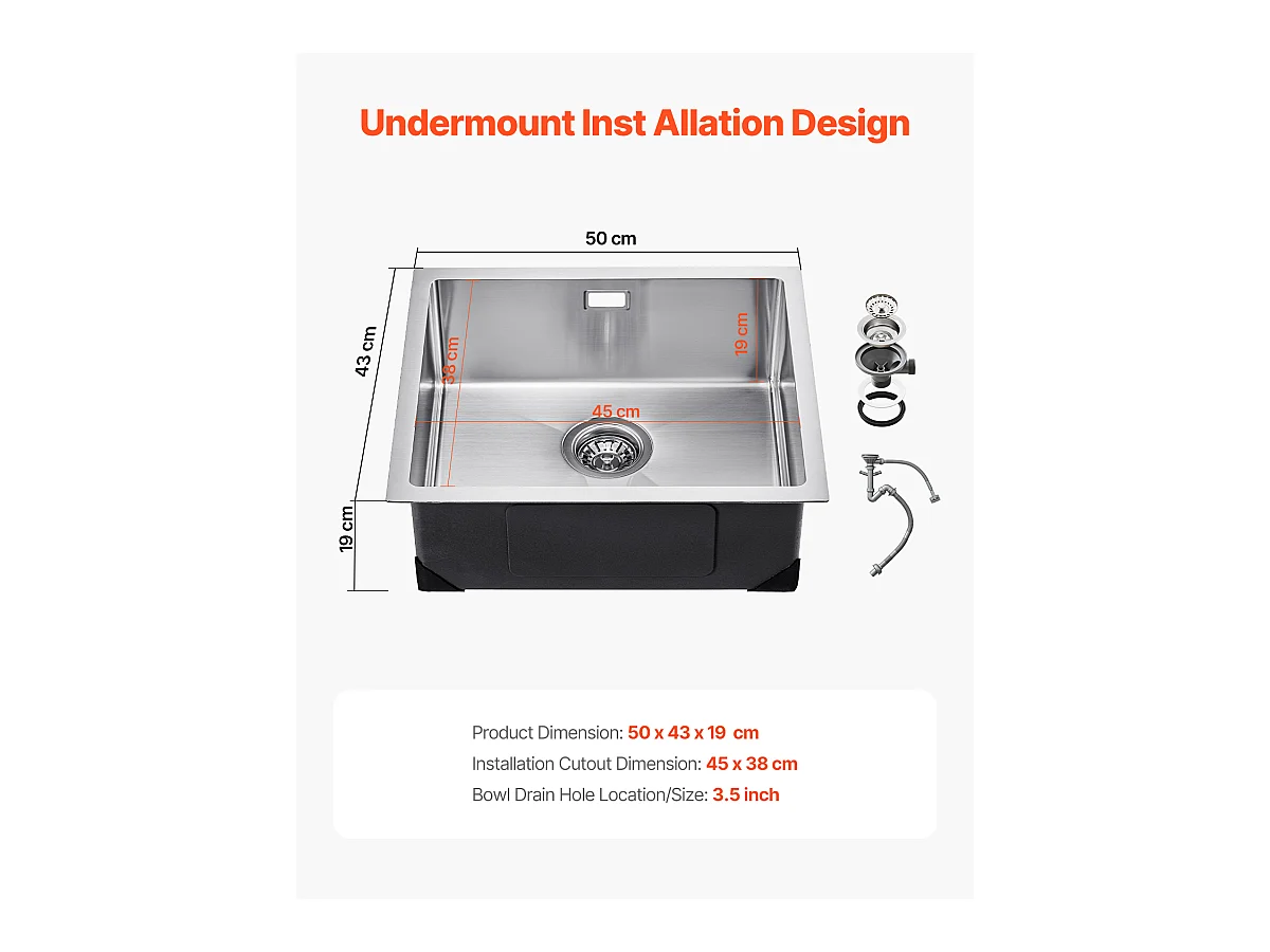 Évier de Cuisine SucceBuy Évier de Cuisine Sous Plan 50 cm à Cuve Simple en Acier Inoxydable