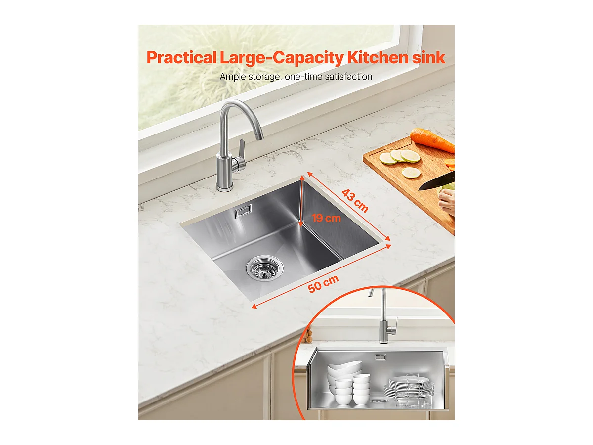 Évier de Cuisine SucceBuy Évier de Cuisine Sous Plan 50 cm à Cuve Simple en Acier Inoxydable