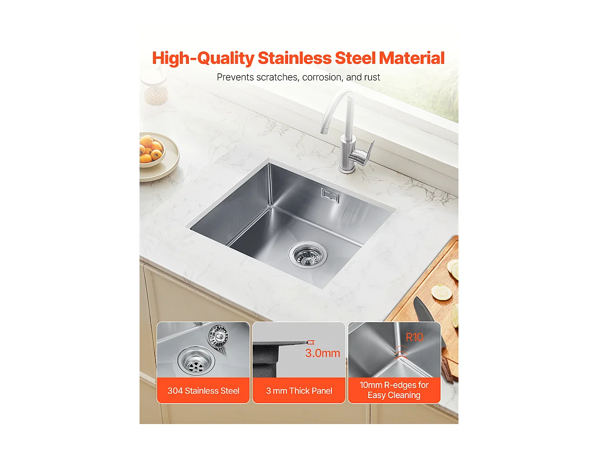 Évier de Cuisine SucceBuy Évier de Cuisine Sous Plan 50 cm à Cuve Simple en Acier Inoxydable