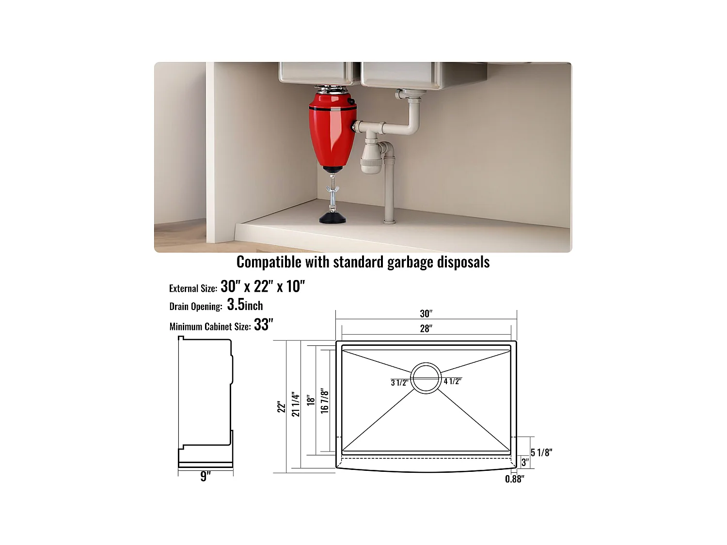 Evier de cuisine SucceBuy Évier Cuisine de Style Campagnard Évier à Encastrer en Acier Inoxydable 304 Une Cuve 76 x 56 x 23 Cm