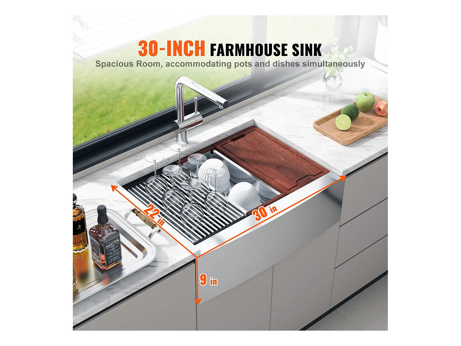 Evier de cuisine SucceBuy Évier Cuisine de Style Campagnard Évier à Encastrer en Acier Inoxydable 304 Une Cuve 76 x 56 x 23 Cm