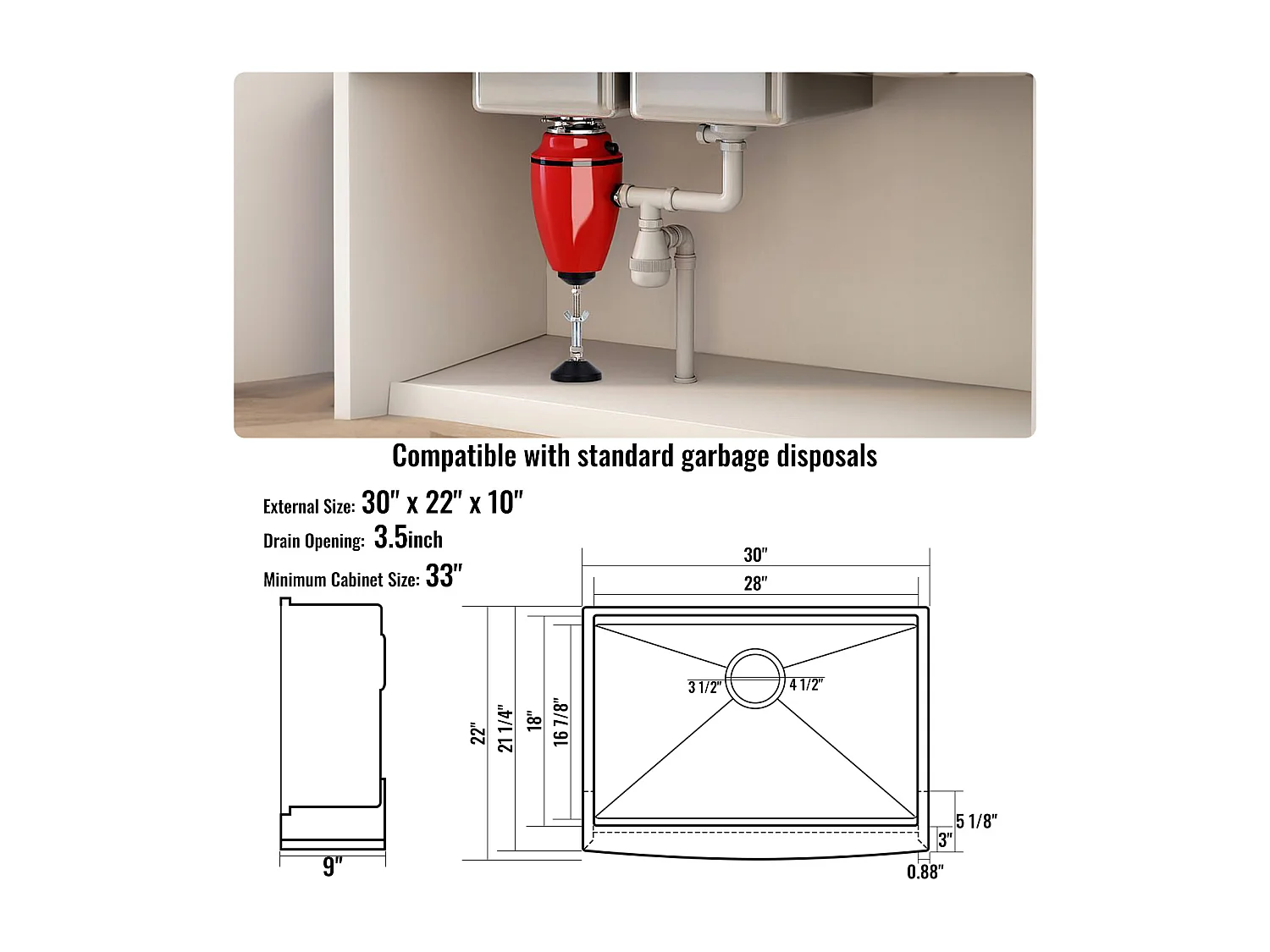 Evier de cuisine SucceBuy Évier Cuisine de Style Campagnard Évier à Encastrer en Acier Inoxydable 304 Une Cuve 76 x 56 x 23 Cm