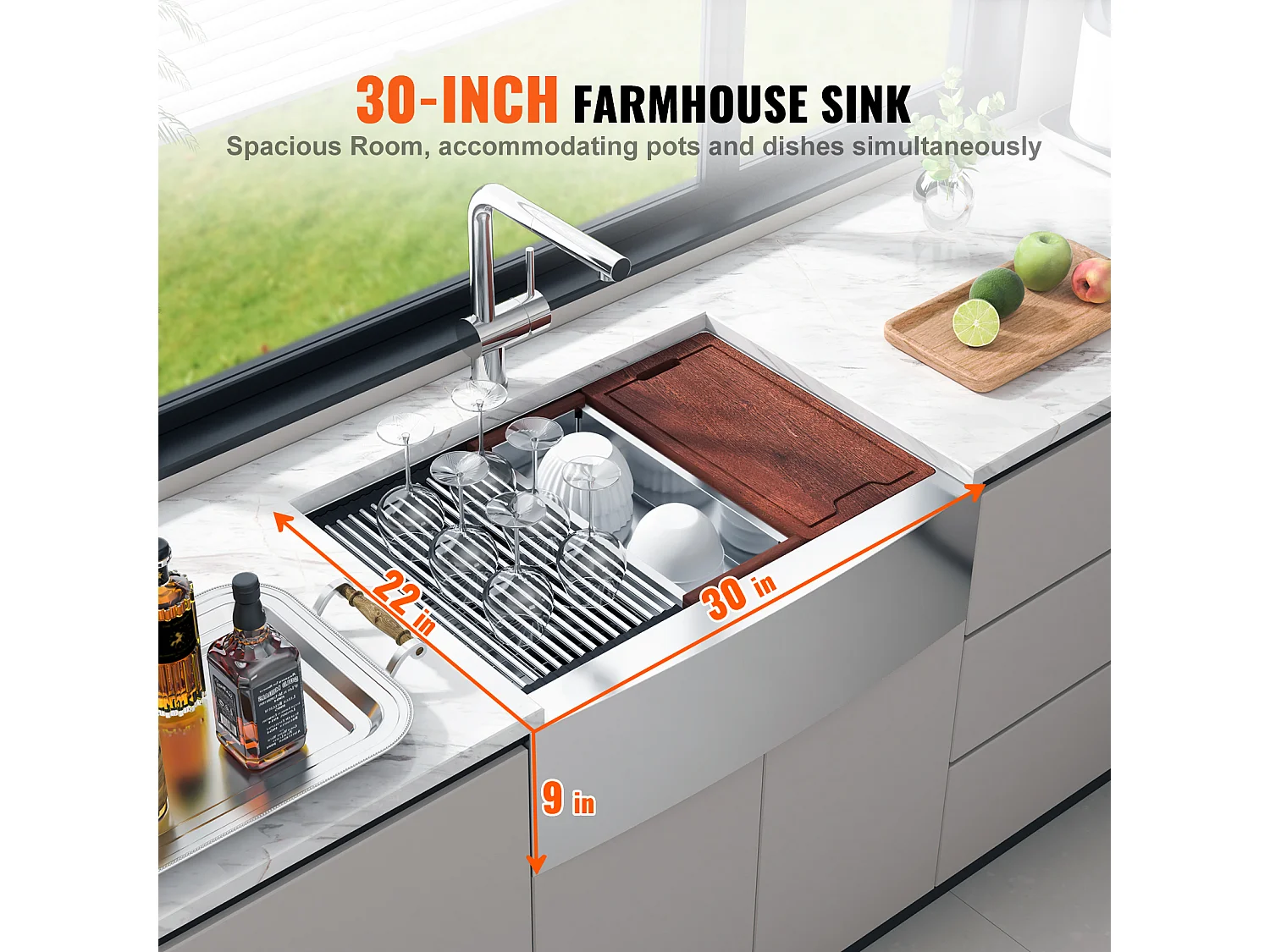 Evier de cuisine SucceBuy Évier Cuisine de Style Campagnard Évier à Encastrer en Acier Inoxydable 304 Une Cuve 76 x 56 x 23 Cm