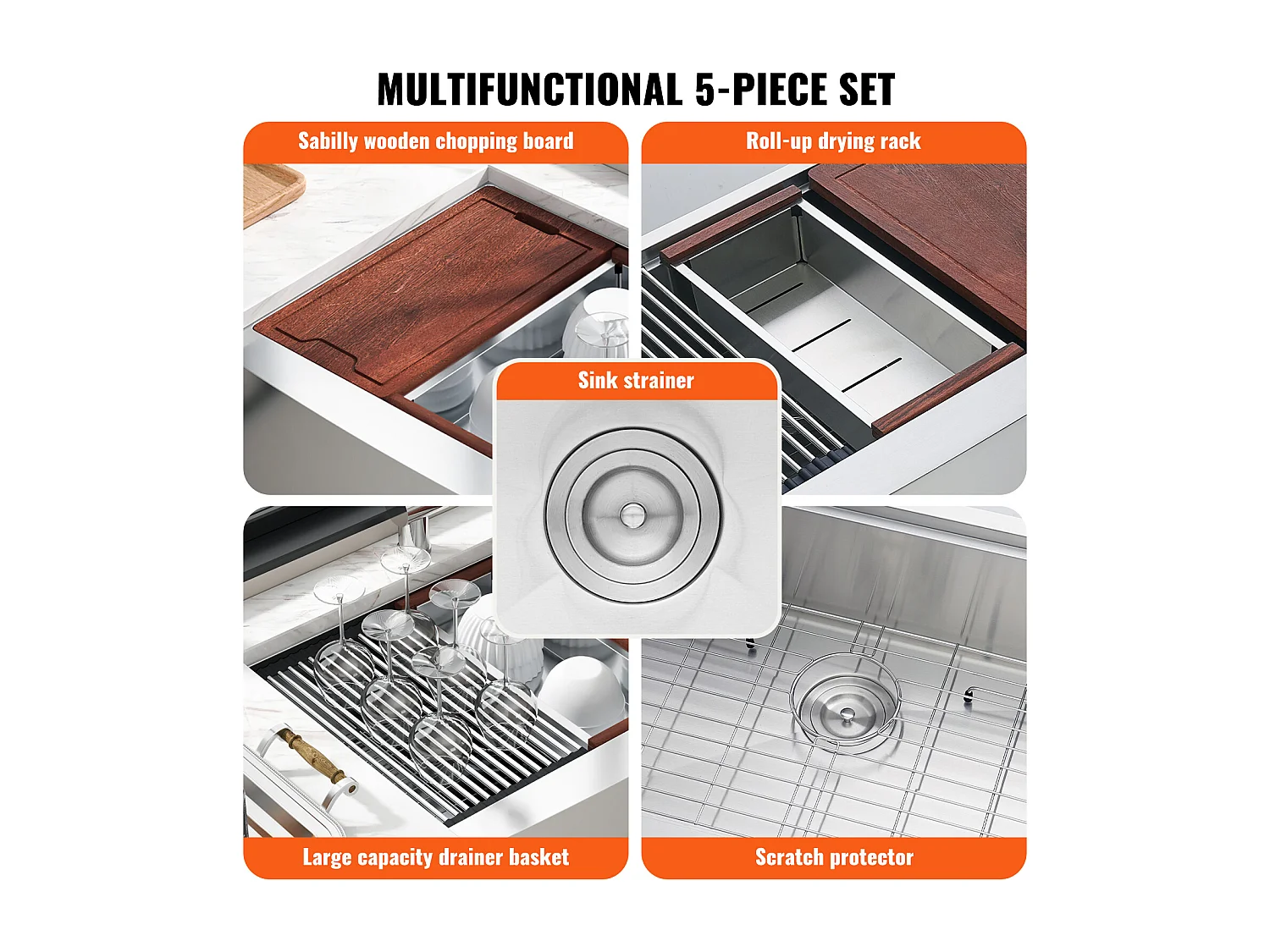 Evier de cuisine SucceBuy Évier Cuisine de Style Campagnard Évier à Encastrer en Acier Inoxydable 304 Une Cuve 76 x 56 x 23 Cm