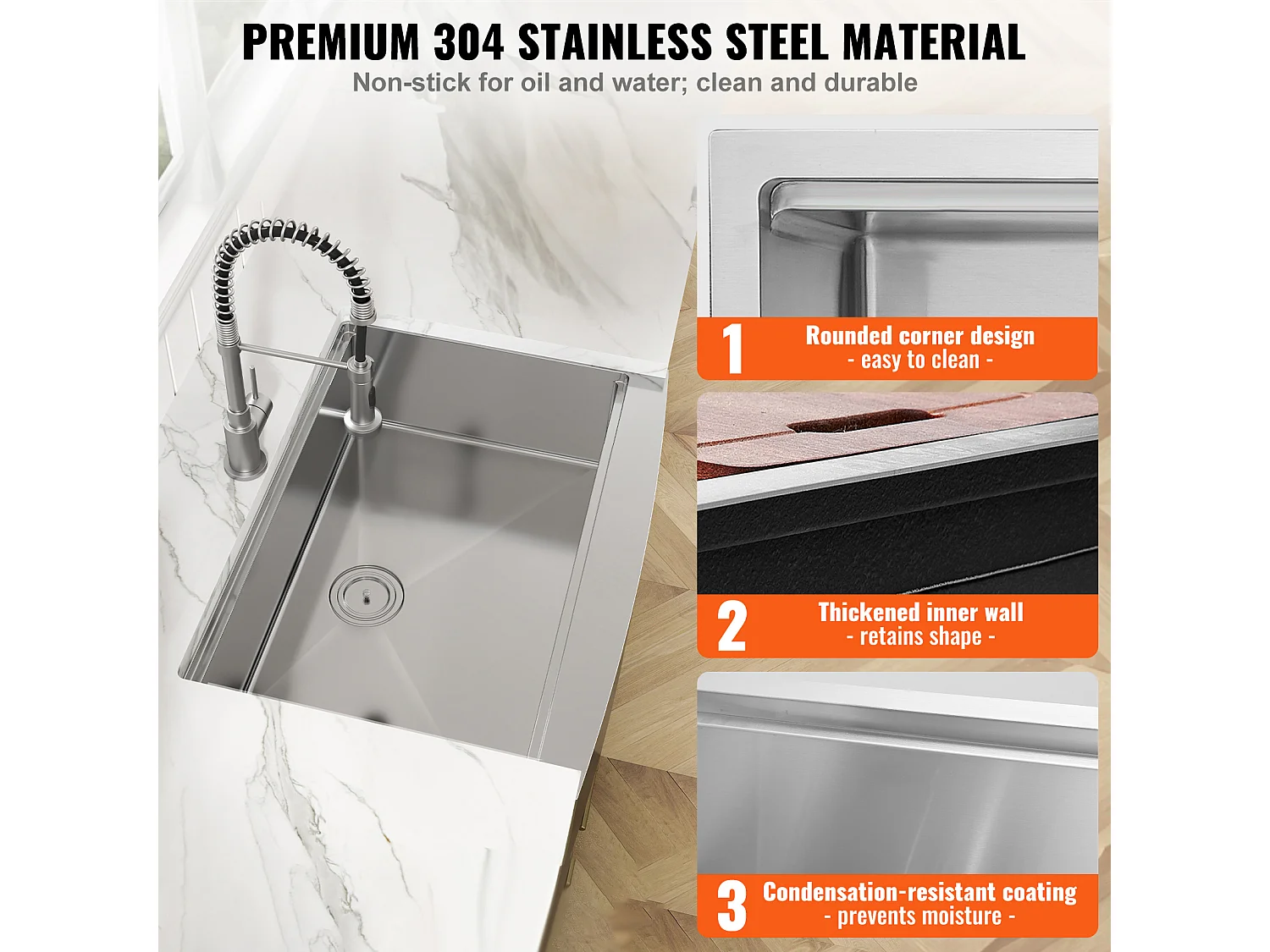 Evier de cuisine SucceBuy Évier Cuisine de Style Campagnard Évier à Encastrer en Acier Inoxydable 304 Une Cuve 76 x 56 x 23 Cm