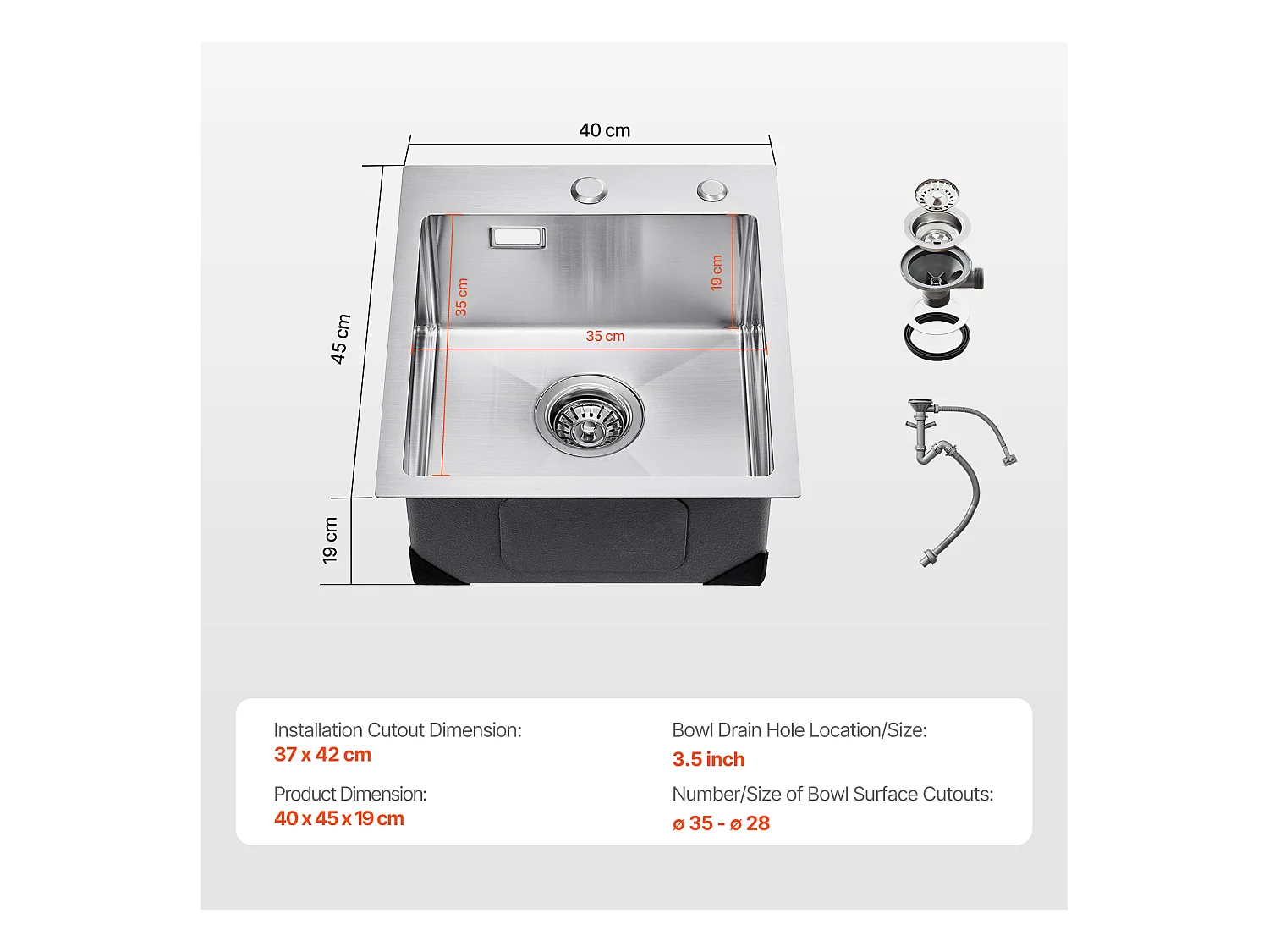 Lava-Loiça de Cozinha SucceBuy Lava-Loiça de Cozinha de 40 cm com Montagem Superior e Cuba Simples, Lava-Loiça em Aço Inoxidável para Bar