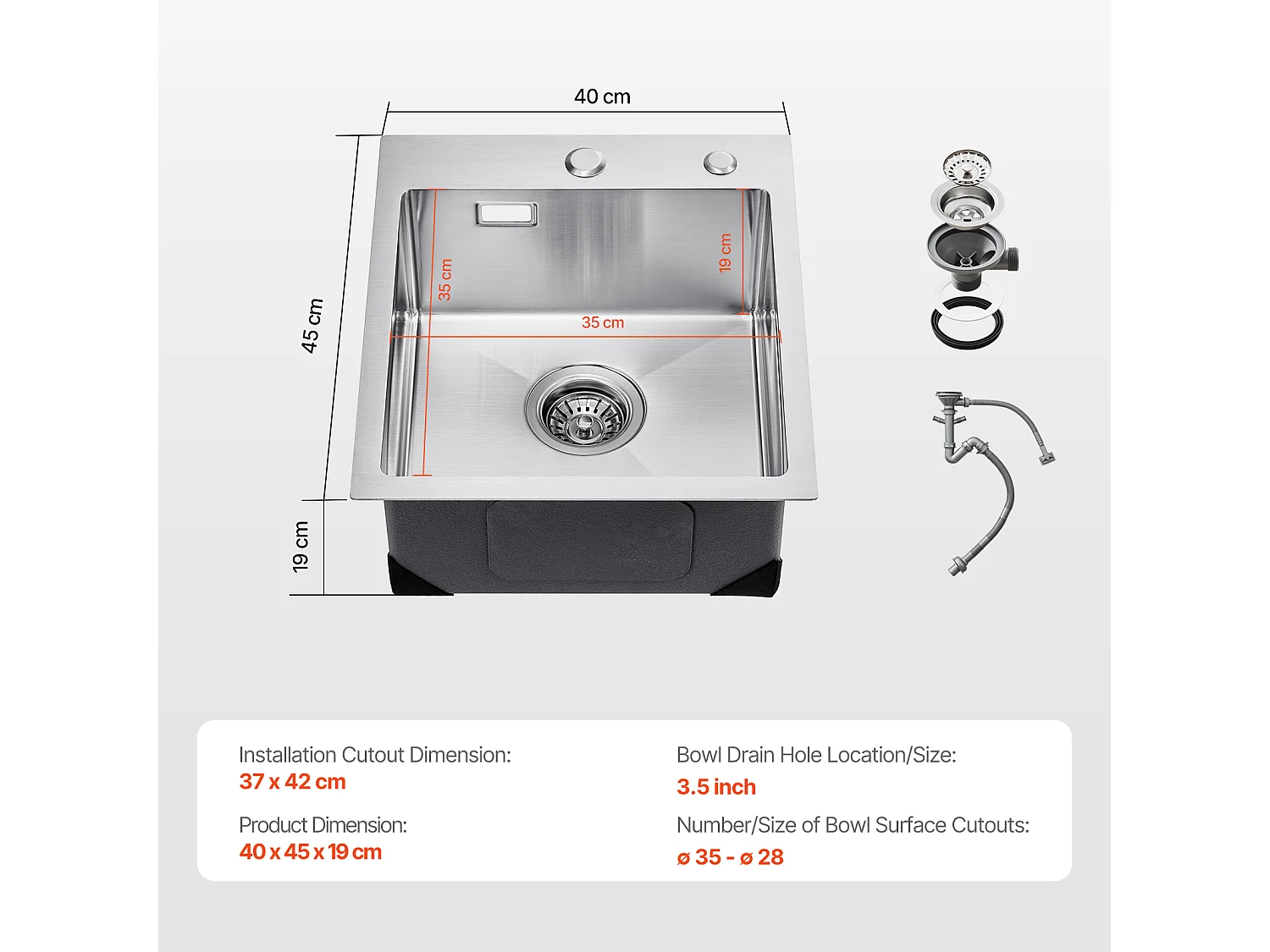 Évier de Cuisine SucceBuy Évier de Cuisine à Montage Par le Haut 40 cm à Cuve Simple à Encastrer en Acier Inoxydable pour Bar