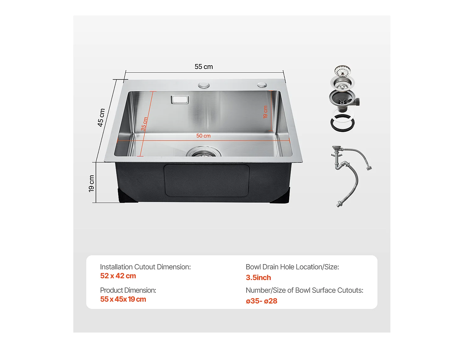 Évier de Cuisine SucceBuy Évier de Cuisine à Montage par le Haut en Acier Inox 304 Cuve Simple 55 cm