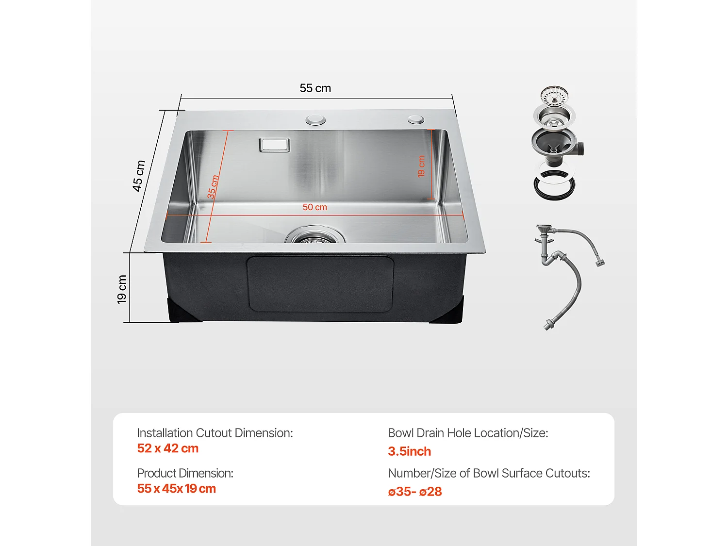 Pia de Cozinha SucceBuy em Aço Inoxidável 304 com Cuba Simples e Montagem Superior, 55 cm