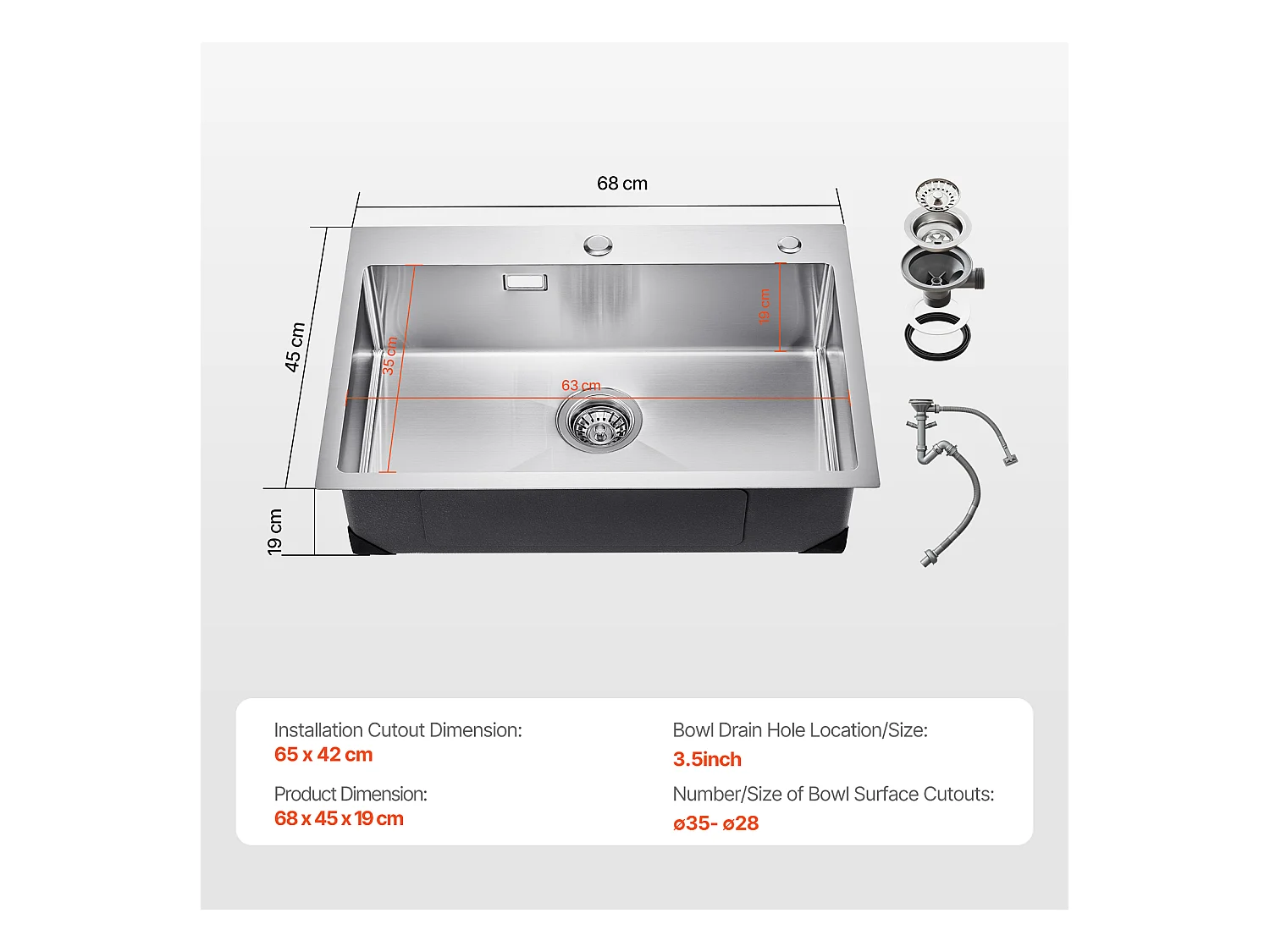 Évier de Cuisine SucceBuy Évier de Cuisine 68 cm à Montage par le Haut, Cuve Simple à Encastrer, Barre en Acier Inoxydable