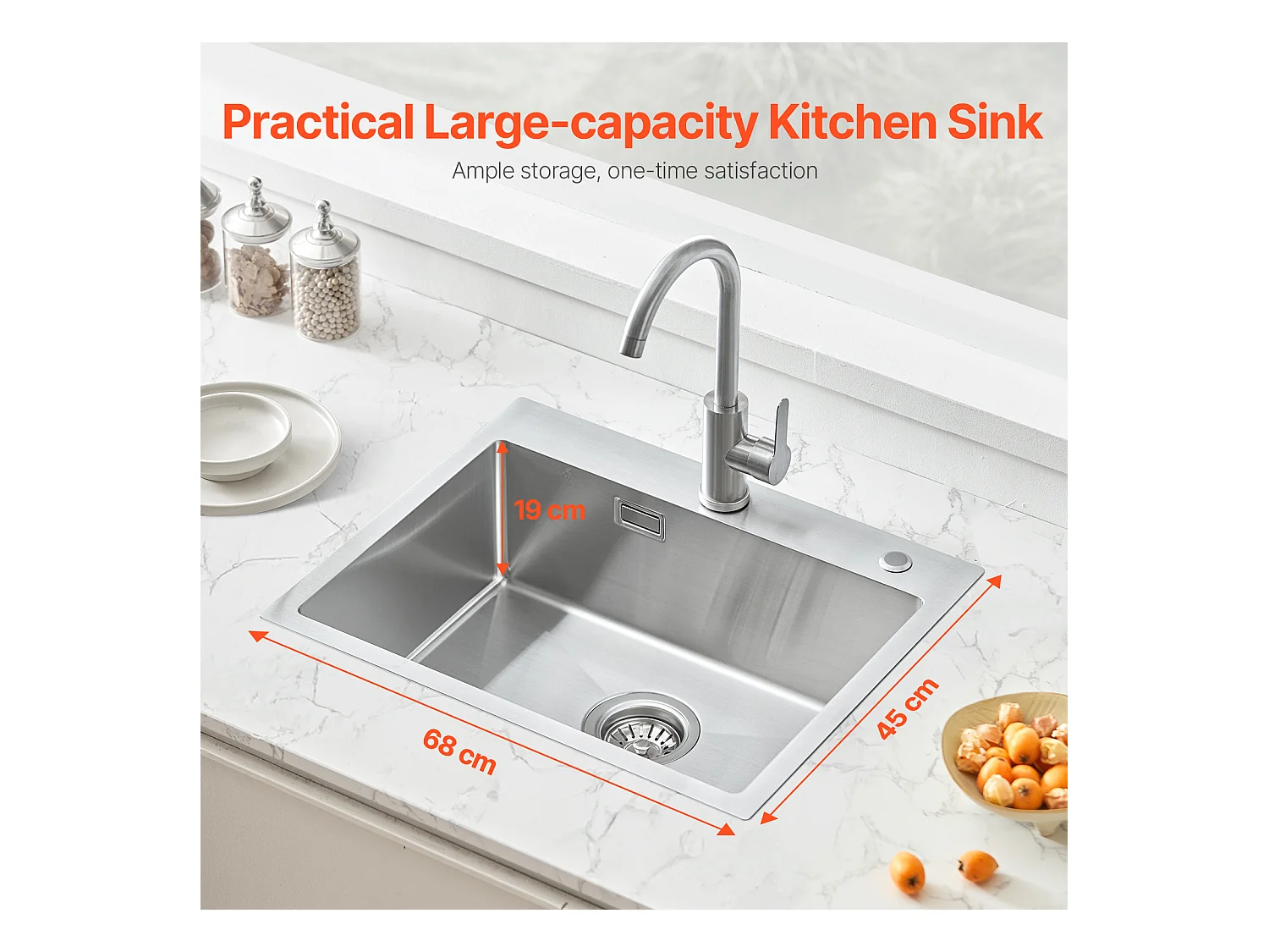 Évier de Cuisine SucceBuy Évier de Cuisine 68 cm à Montage par le Haut, Cuve Simple à Encastrer, Barre en Acier Inoxydable