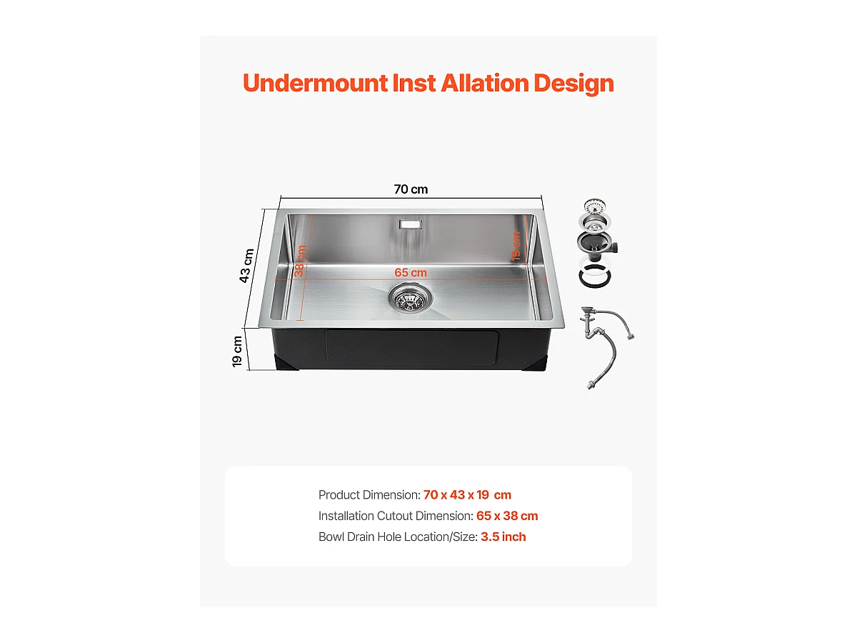 Évier de cuisine SucceBuy Évier de cuisine 70 cm, Cuve Simple Encastrée Sous Plan, Acier Inoxydable