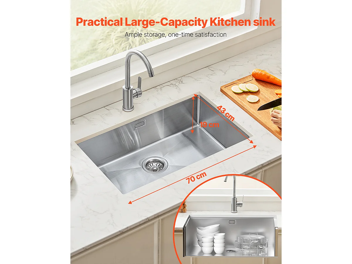 Évier de cuisine SucceBuy Évier de cuisine 70 cm, Cuve Simple Encastrée Sous Plan, Acier Inoxydable