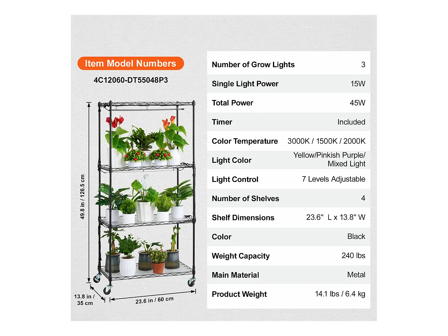 Support pour Plantes SucceBuy, avec Lampes de Croissance, 4 Niveaux, 45 W, 60x35x126,5 cm, pour Jardinage Germination Graines