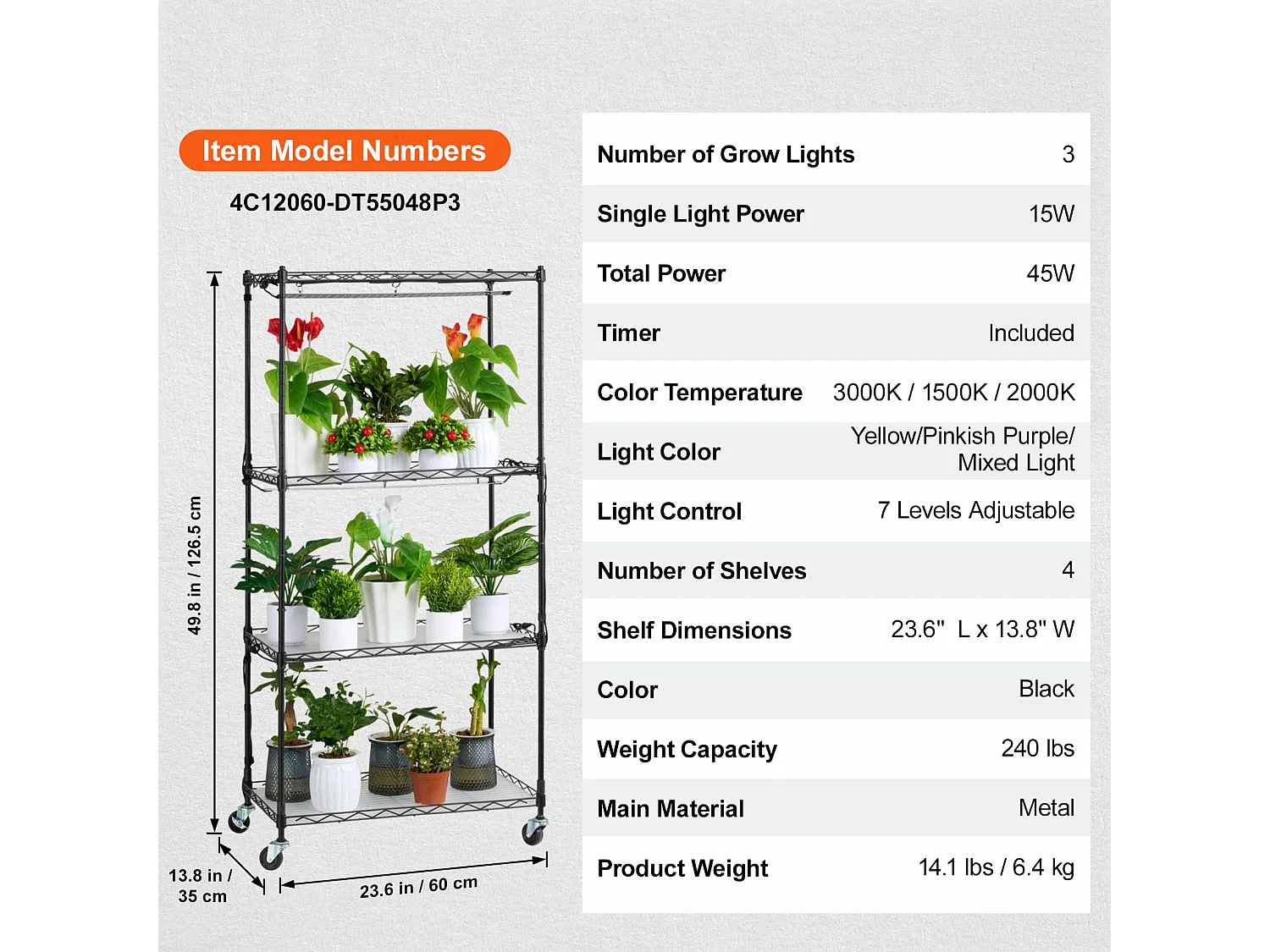 Support pour Plantes SucceBuy, avec Lampes de Croissance, 4 Niveaux, 45 W, 60x35x126,5 cm, pour Jardinage Germination Graines
