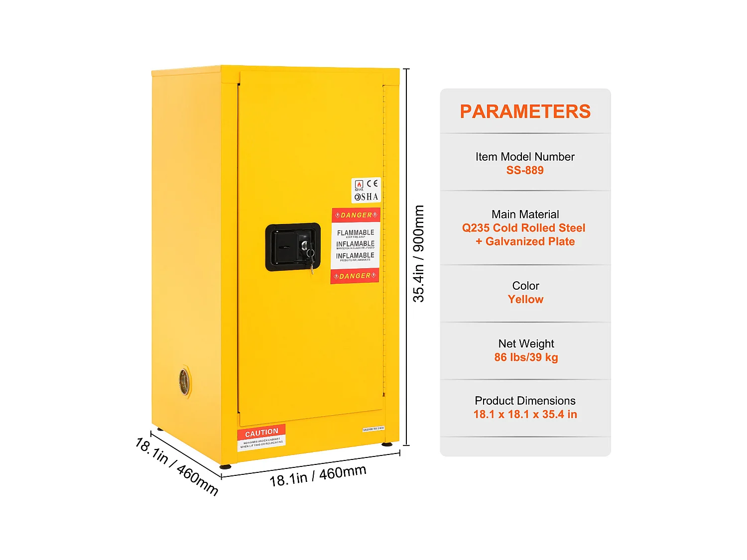 Armoire de Sécurité SucceBuy pour Liquides Inflammables Porte Simple et Fermeture Manuelle Jaune Stockage Dangereux 900 x 460 x 460MM