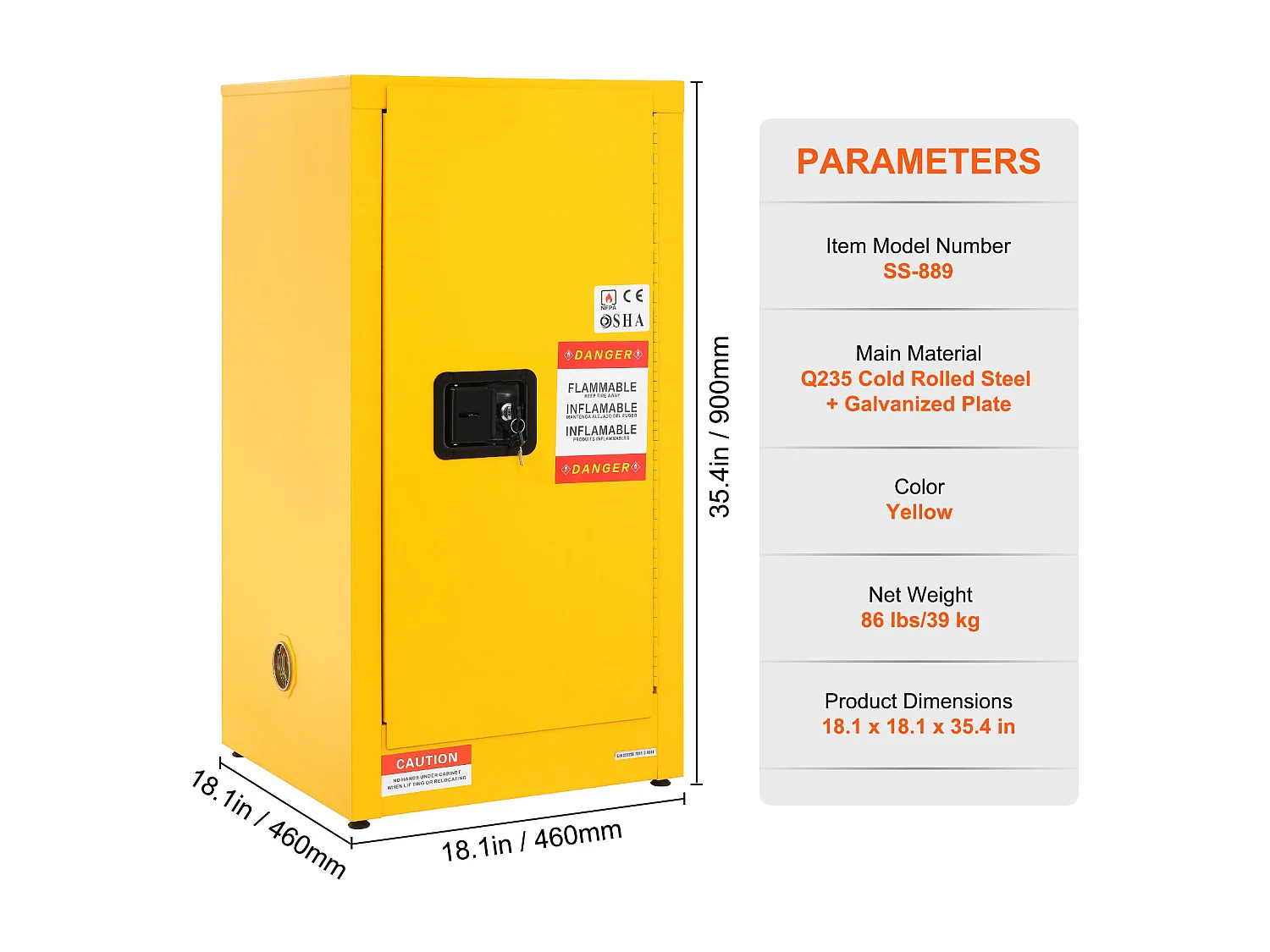Armoire de Sécurité SucceBuy pour Liquides Inflammables Porte Simple et Fermeture Manuelle Jaune Stockage Dangereux 900 x 460 x 460MM
