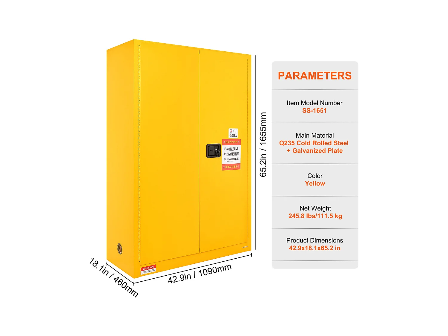 Armoire de Sécurité SucceBuy pour Produits Inflammables 170,3 L 109x46x165,5 Cm, Armoire Coupe-Feu pour Liquides Inflammables, avec 2 Étagères Réglables