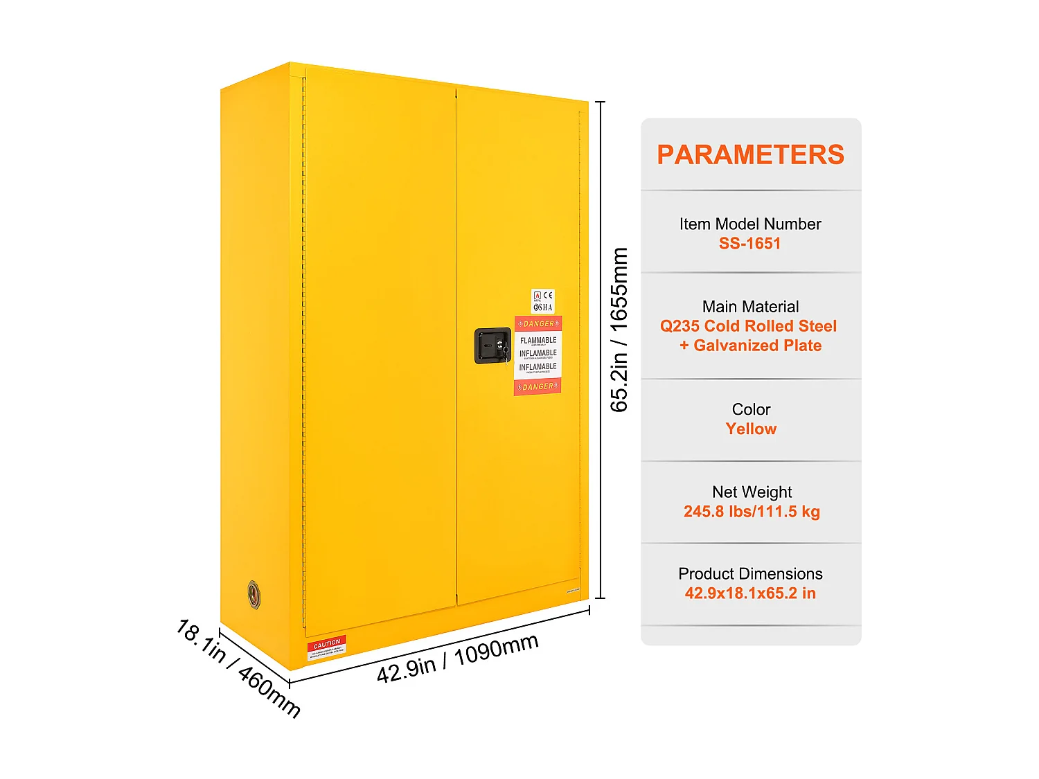 Armadio di Sicurezza SucceBuy per Prodotti Infiammabili 170,3 L 109x46x165,5 Cm, Armadio Ignifugo per Liquidi Infiammabili, con 2 Ripiani Regolabili
