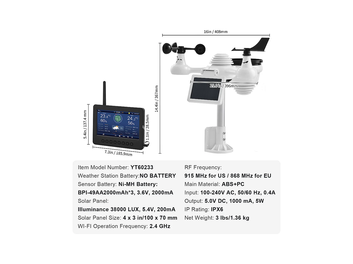 Station Météo Wi-Fi Énergie Solaire 7 en 1 SucceBuy, Écran TFT 17,78 cm, Télécommande Wi-Fi, avec Capteur Extérieur