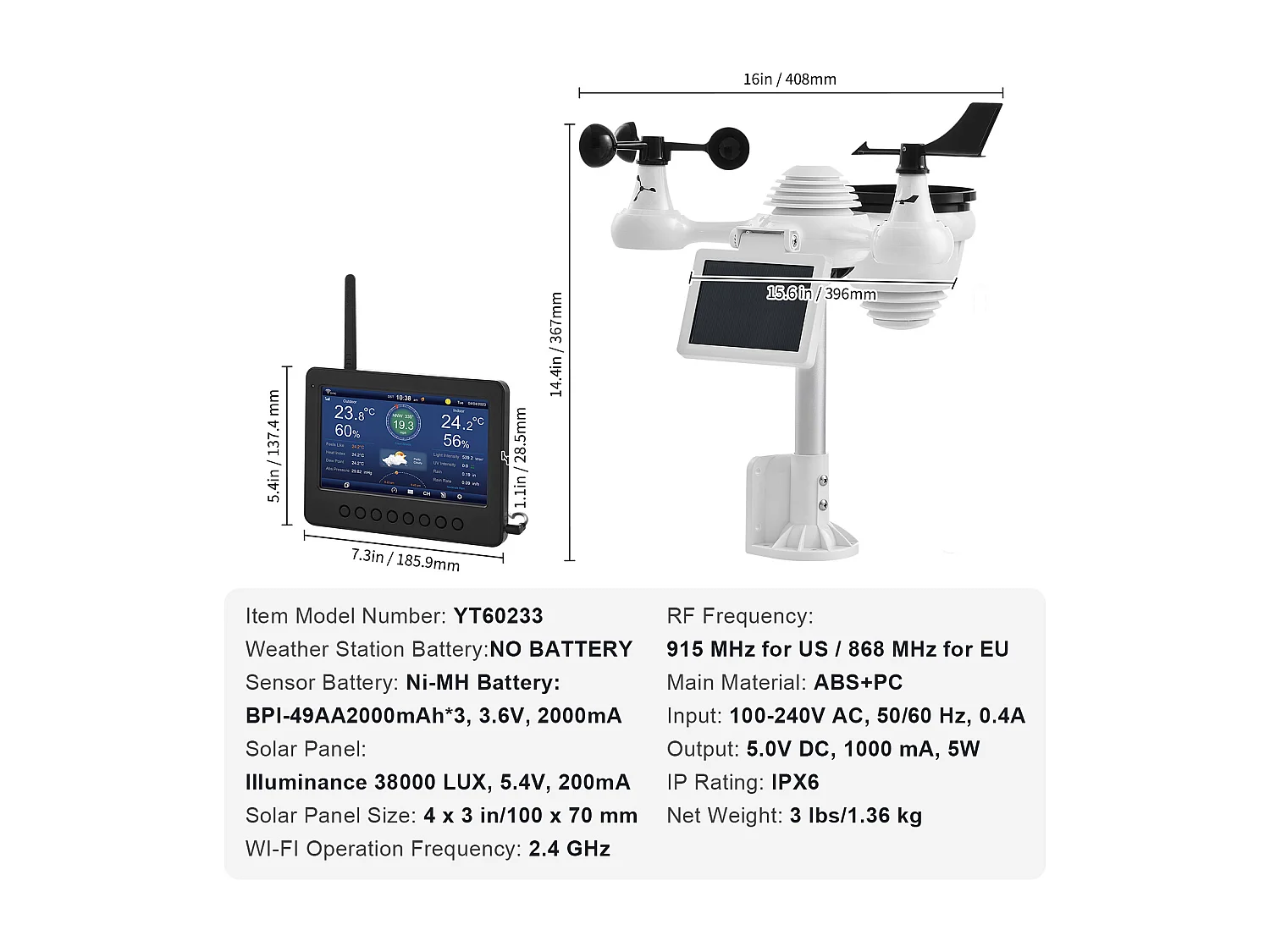 Station Météo Wi-Fi Énergie Solaire 7 en 1 SucceBuy, Écran TFT 17,78 cm, Télécommande Wi-Fi, avec Capteur Extérieur