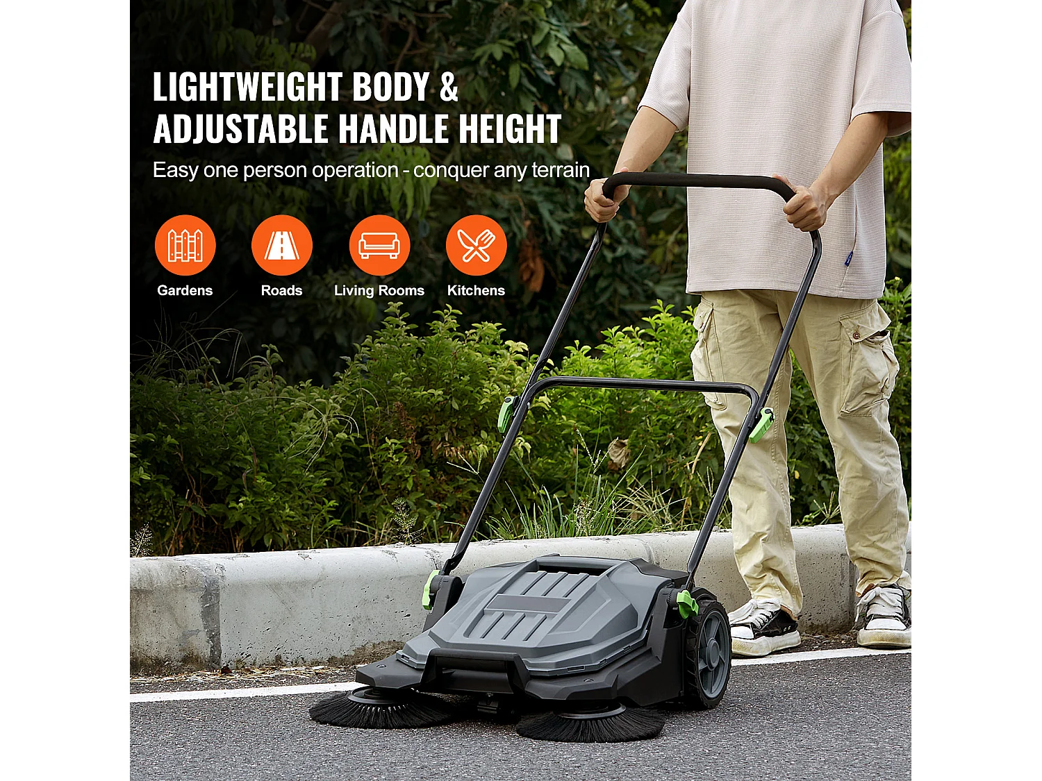 Balayeuse Autoportée SucceBuy, Largeur de 65.02 cm, Bac à Déchets de 18.9 l, avec Poignée Réglable et Pliable