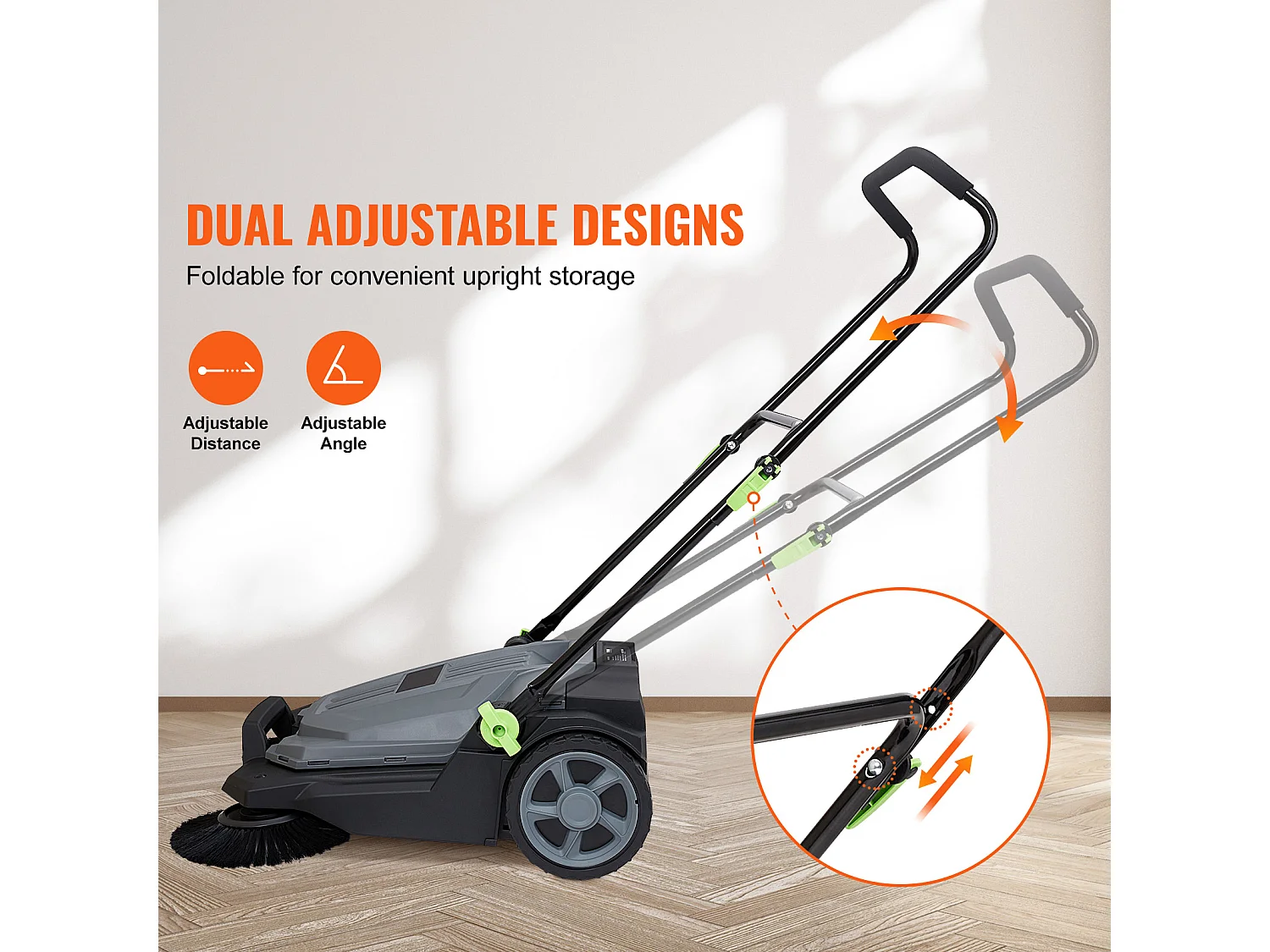 Balayeuse Autoportée SucceBuy, Largeur de 65.02 cm, Bac à Déchets de 18.9 l, avec Poignée Réglable et Pliable