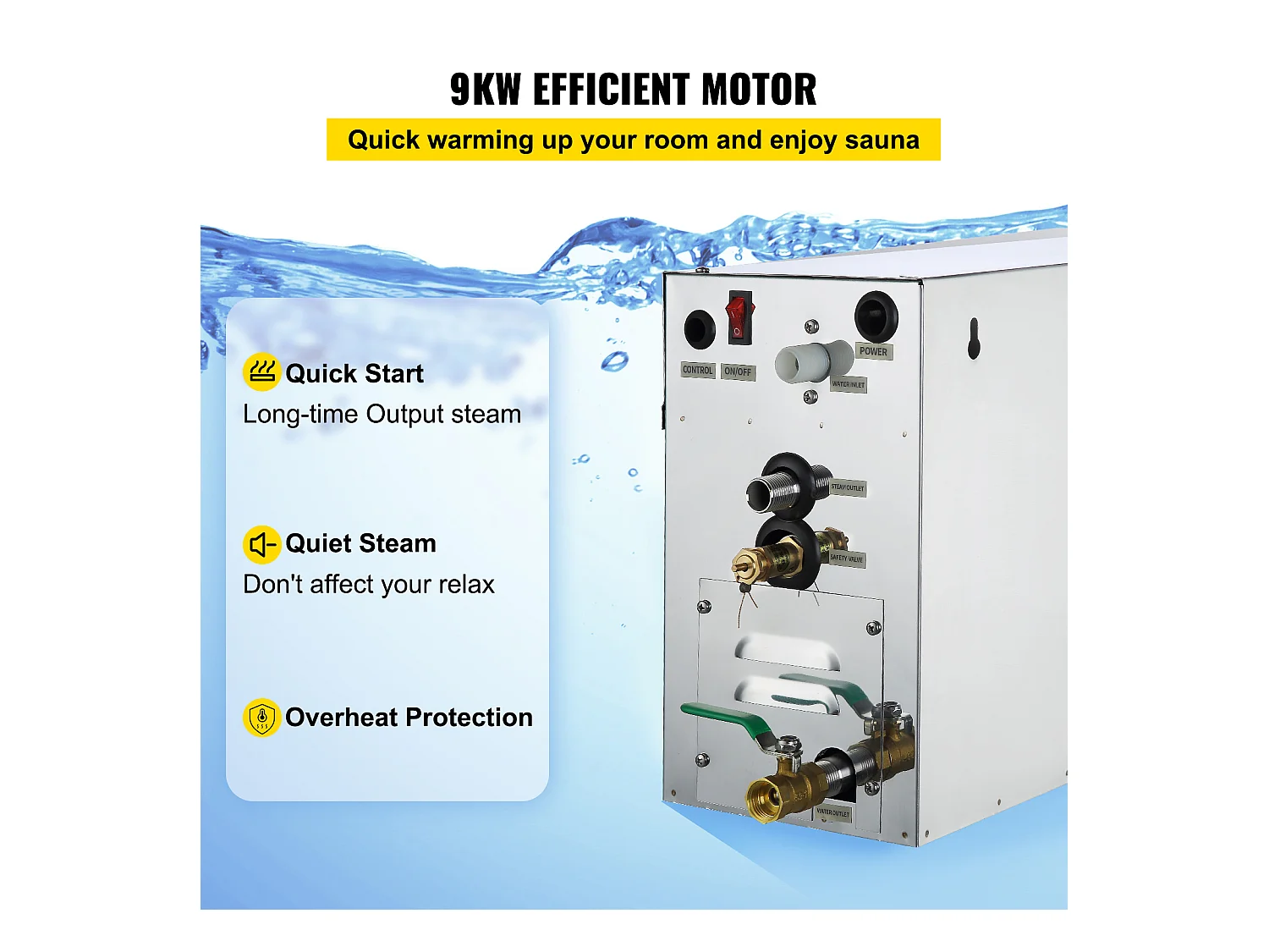 Générateur de Vapeur Sauna SucceBuy 9KW, avec Réservoir d'Eau 6 L, Moniteur LED, Drain Manuel, pour Hammam Domicile