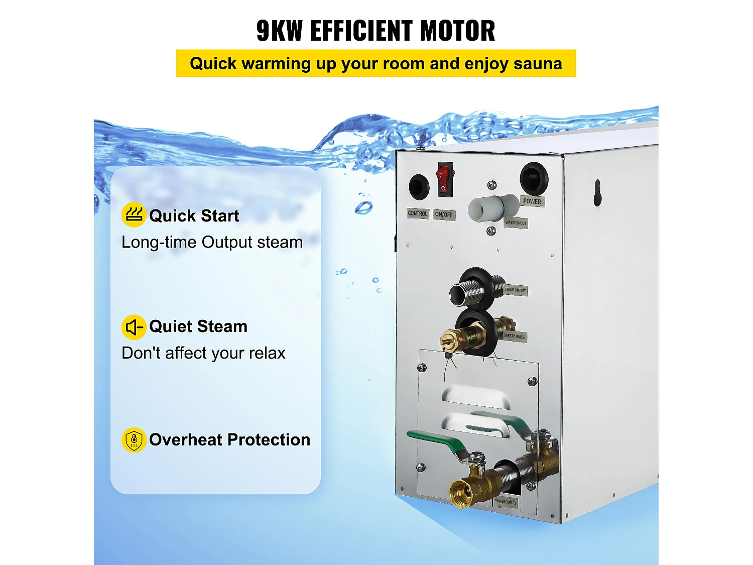 Générateur de Vapeur Sauna SucceBuy 9KW, avec Réservoir d'Eau 6 L, Moniteur LED, Drain Manuel, pour Hammam Domicile