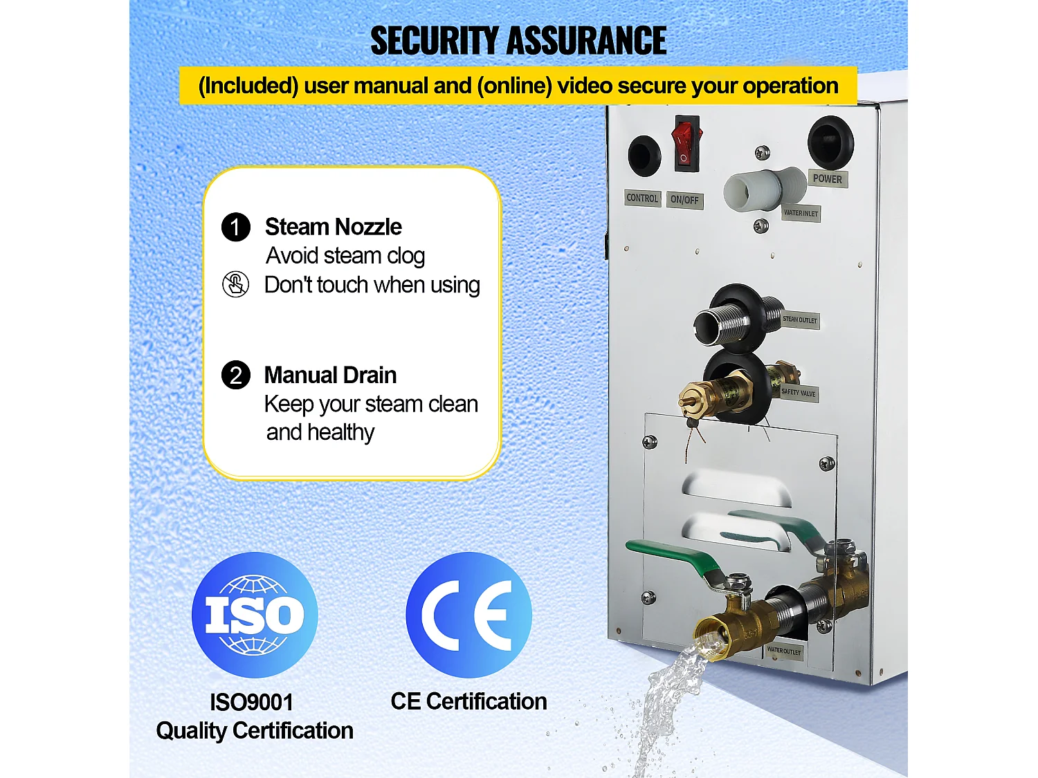 Générateur de Vapeur Sauna SucceBuy 9KW, avec Réservoir d'Eau 6 L, Moniteur LED, Drain Manuel, pour Hammam Domicile