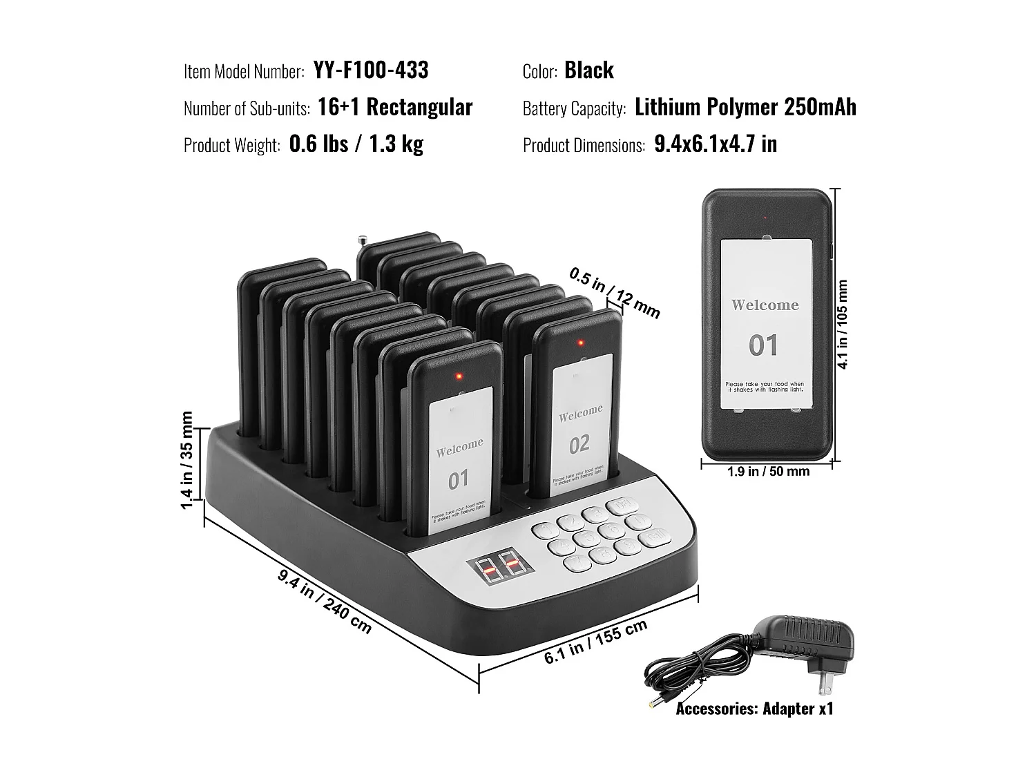 System Pagerów SucceBuy Restauracyjnych, Bezprzewodowe Pagery Restauracyjne o Zasięgu 500 M, z Wibracjami i Miganiem, 16 Brzęczyków