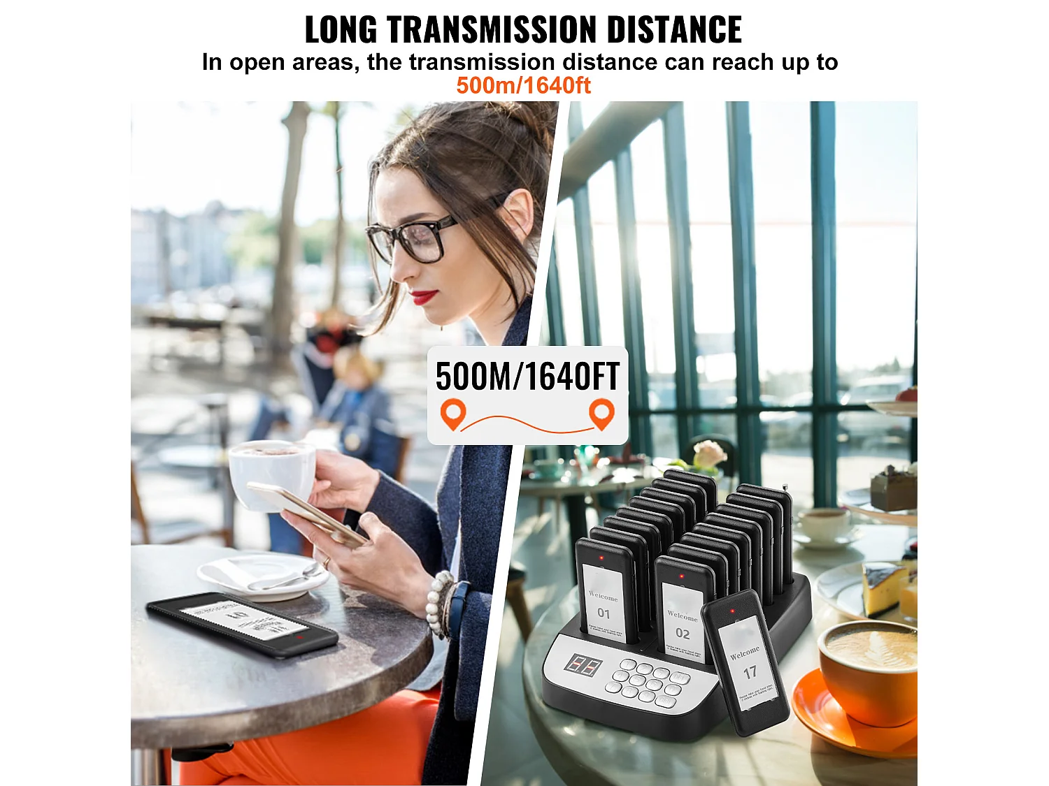 System Pagerów SucceBuy Restauracyjnych, Bezprzewodowe Pagery Restauracyjne o Zasięgu 500 M, z Wibracjami i Miganiem, 16 Brzęczyków