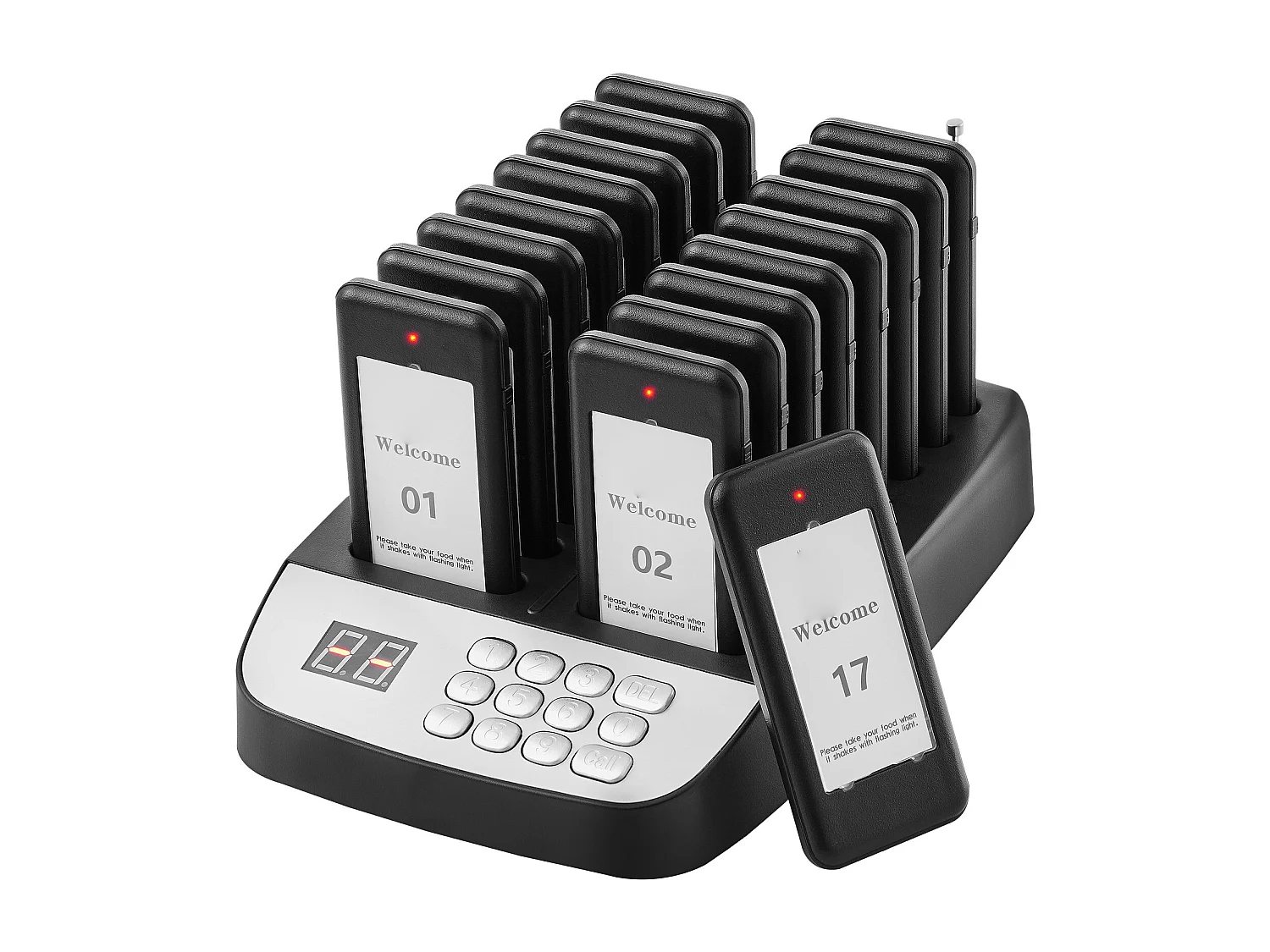 System Pagerów SucceBuy Restauracyjnych, Bezprzewodowe Pagery Restauracyjne o Zasięgu 500 M, z Wibracjami i Miganiem, 16 Brzęczyków