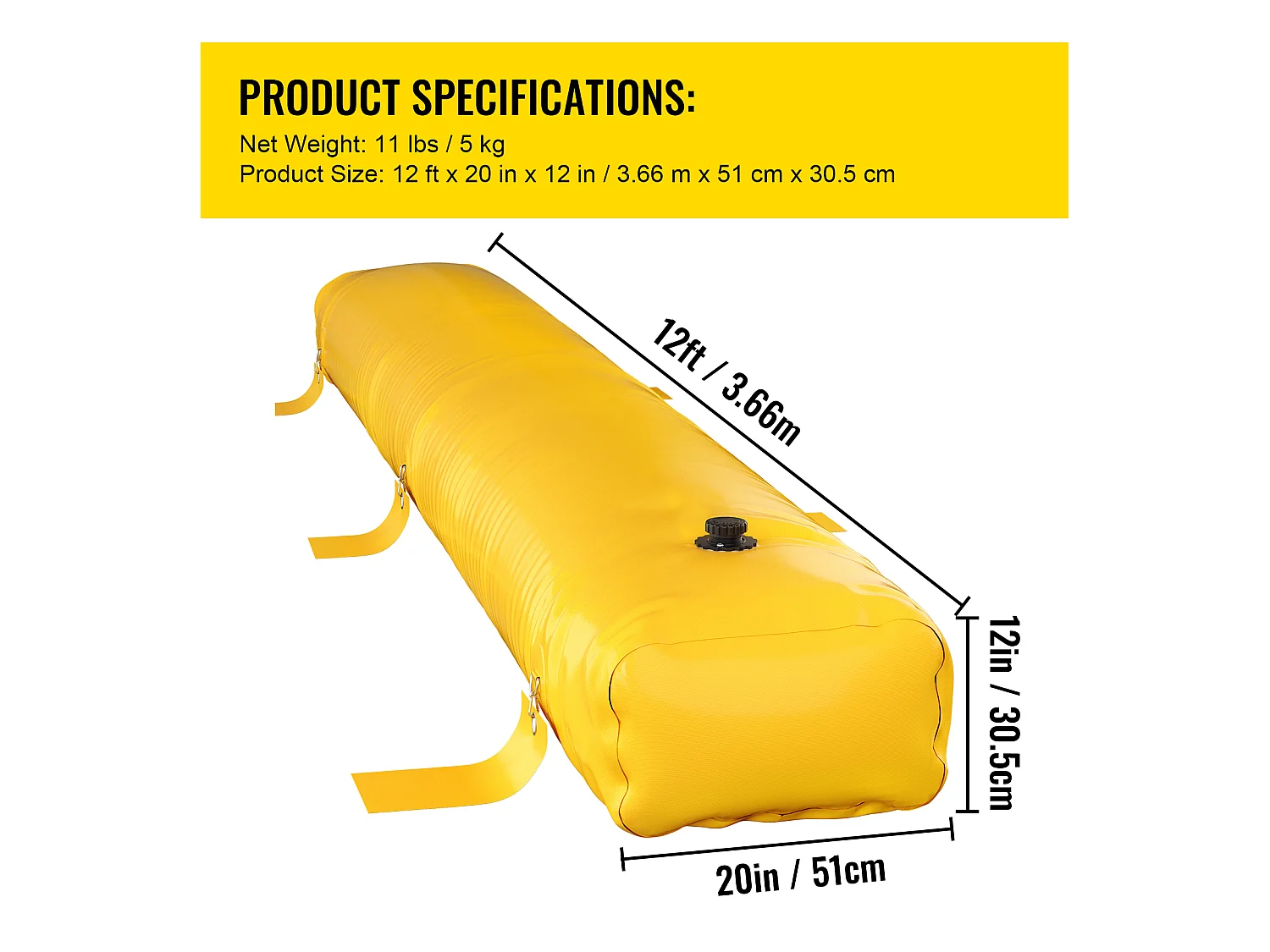 Barrière Anti-Inondation SucceBuy, 3,7 m de Long x 30,5 cm de Haut pour la Déviation de l'Eau, PVC Industriel