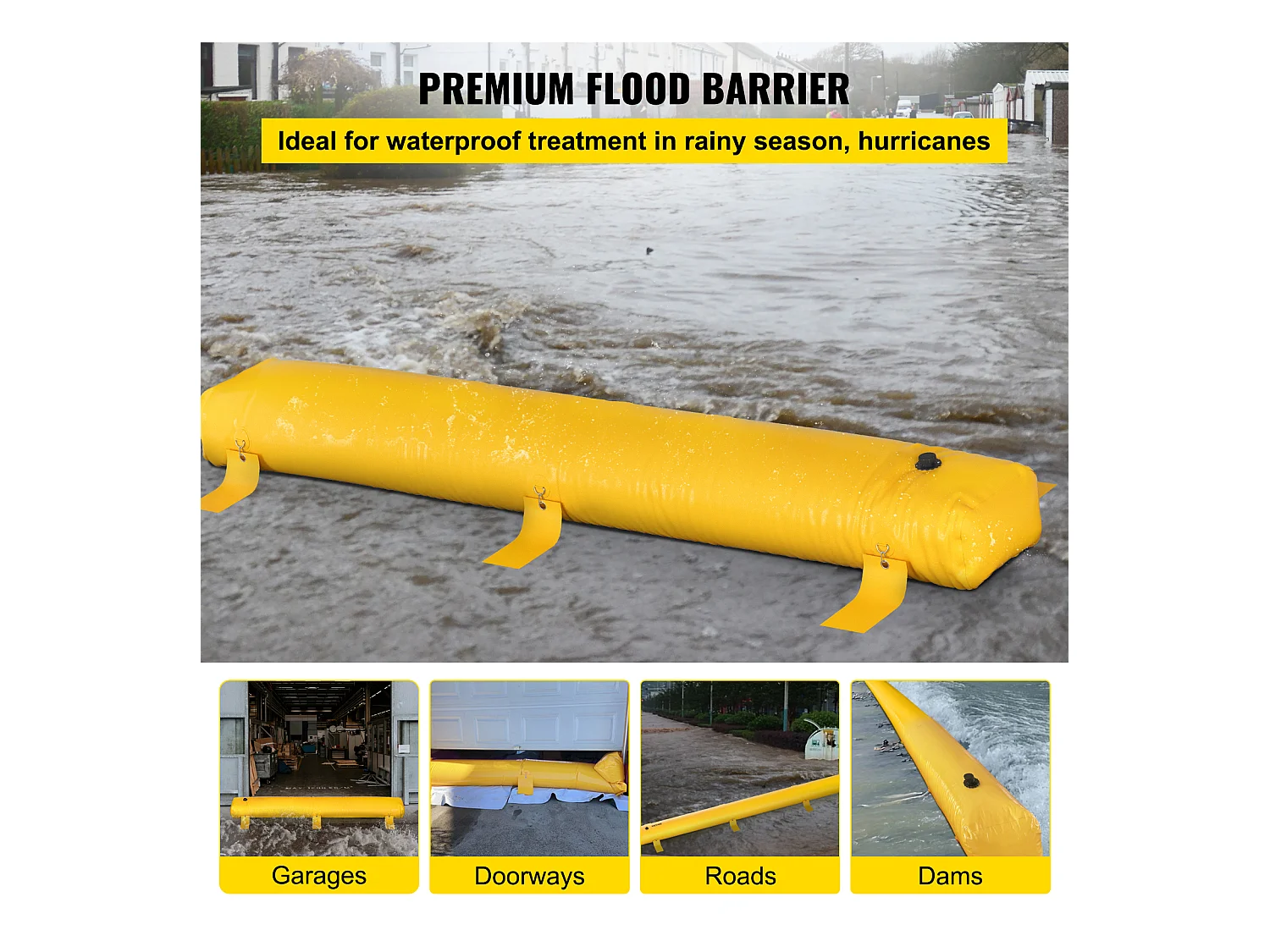 Barrière Anti-Inondation SucceBuy, 3,7 m de Long x 30,5 cm de Haut pour la Déviation de l'Eau, PVC Industriel