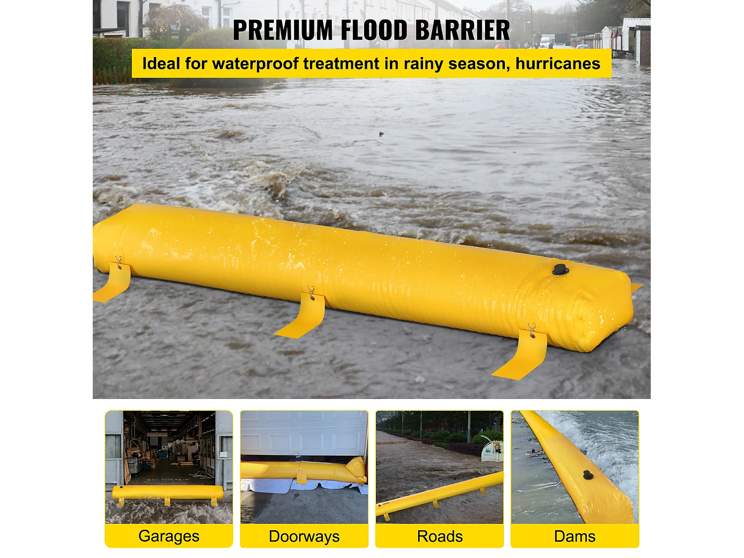 Barrière Anti-Inondation SucceBuy, 3,7 m de Long x 30,5 cm de Haut pour la Déviation de l'Eau, PVC Industriel