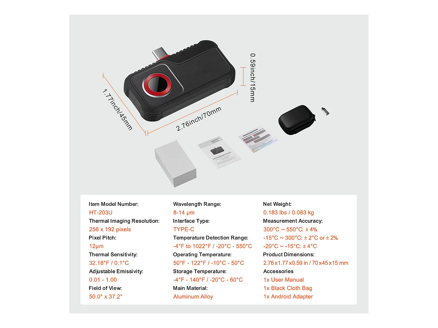Caméra Thermique SucceBuy pour Android, Résolution IR 256x192, Taux de Rafraîchissement 25 Hz