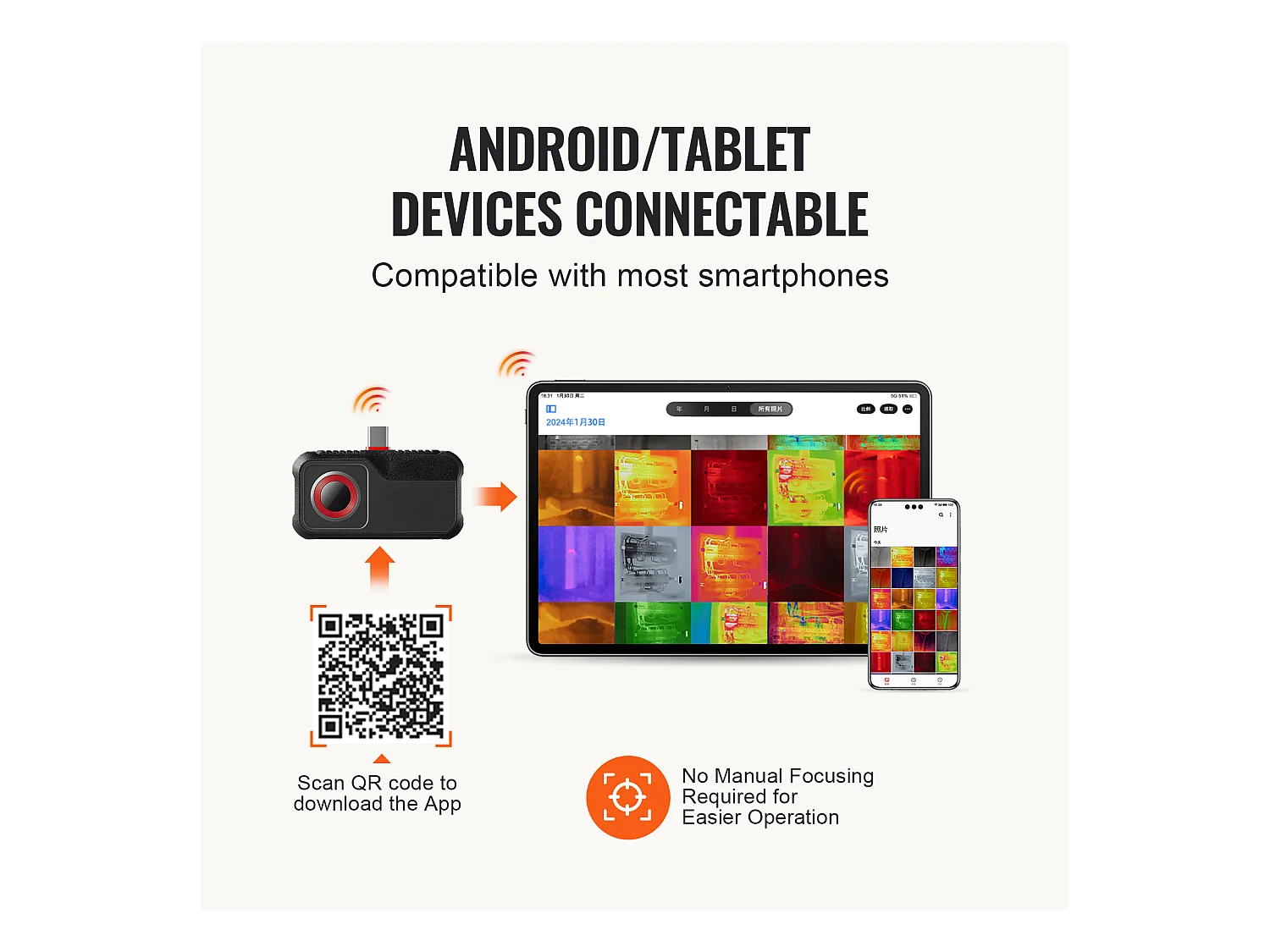 Caméra Thermique SucceBuy pour Android, Résolution IR 256x192, Taux de Rafraîchissement 25 Hz