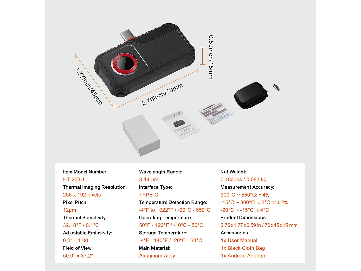 Caméra Thermique SucceBuy pour Android, Résolution IR 256x192, Taux de Rafraîchissement 25 Hz