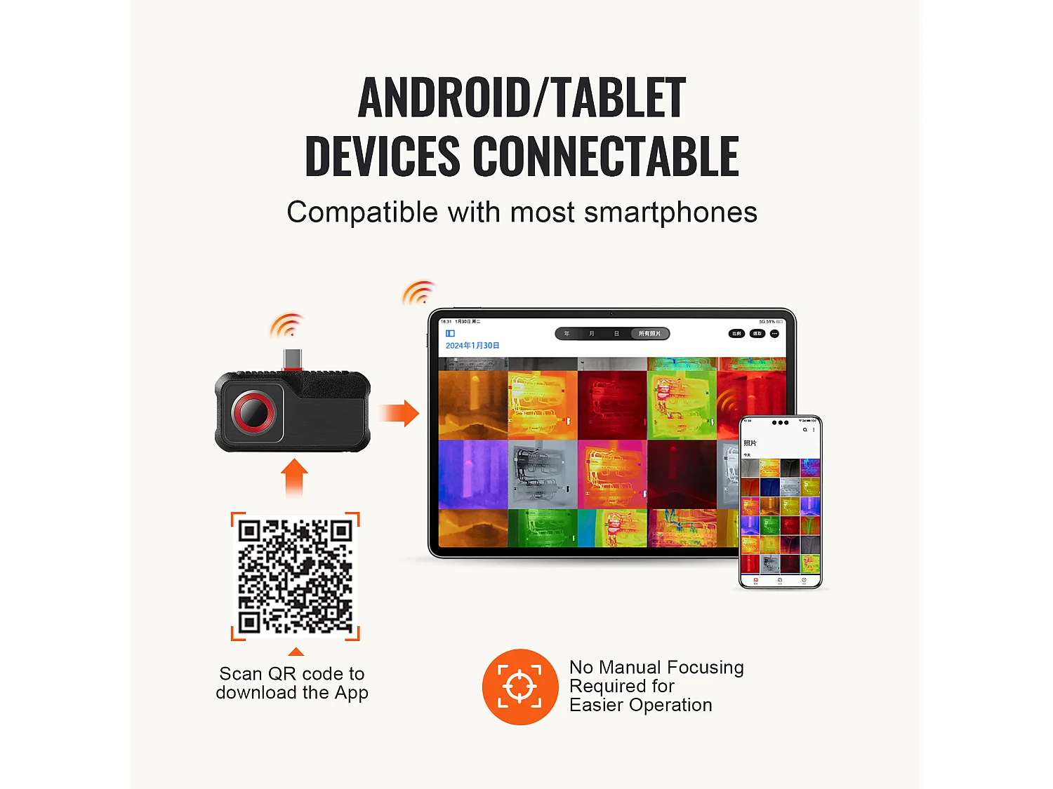 Caméra Thermique SucceBuy pour Android, Résolution IR 256x192, Taux de Rafraîchissement 25 Hz