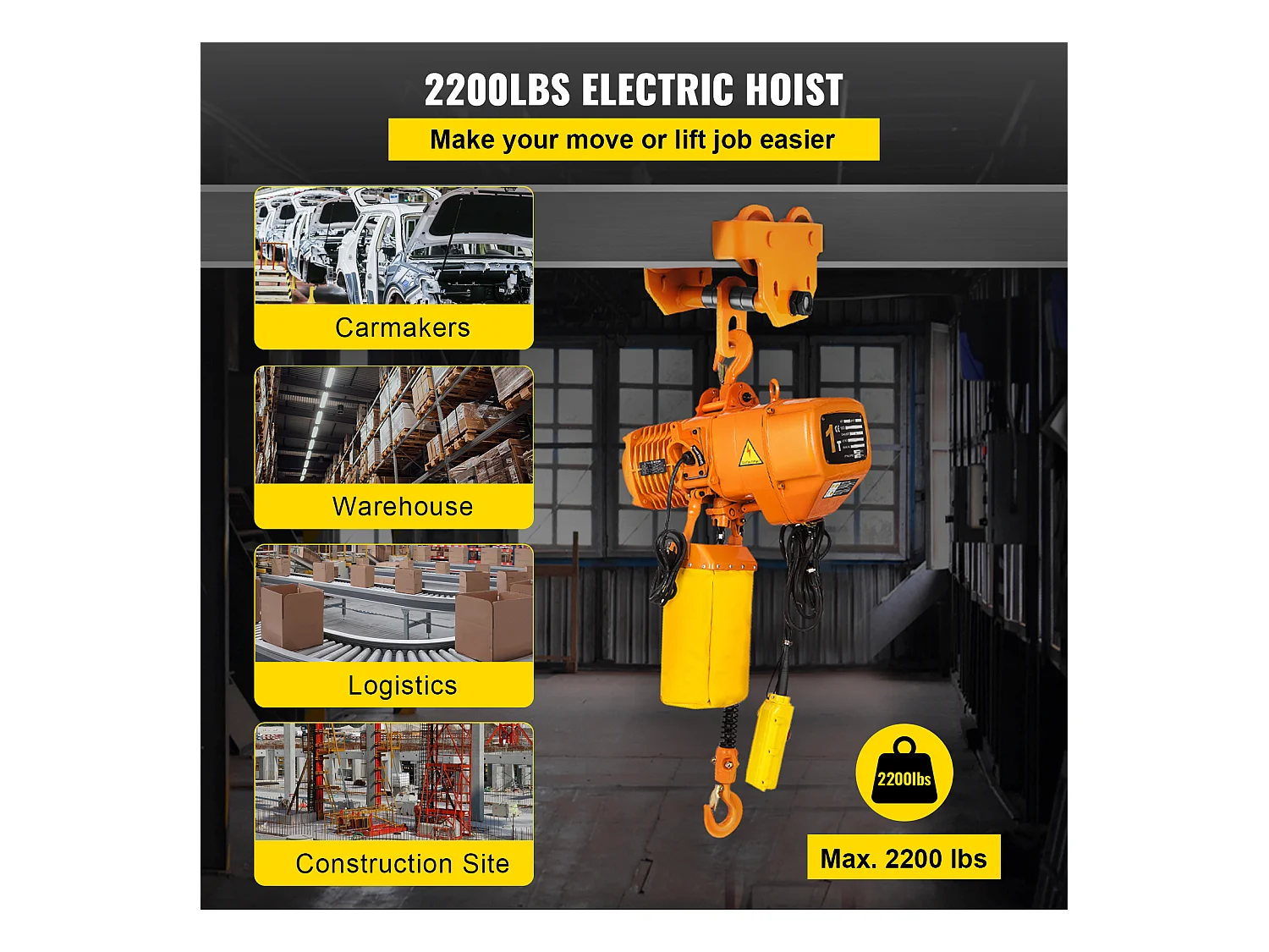 Treuil Électrique, SucceBuy Palan Électrique à Chaîne Monophasé, Capacité de Charge de 998 KG, Capacité de Levage de 33 CM