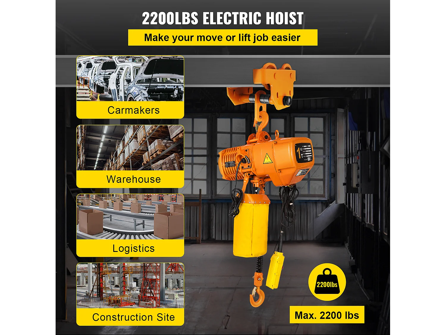 Treuil Électrique, SucceBuy Palan Électrique à Chaîne Monophasé, Capacité de Charge de 998 KG, Capacité de Levage de 33 CM