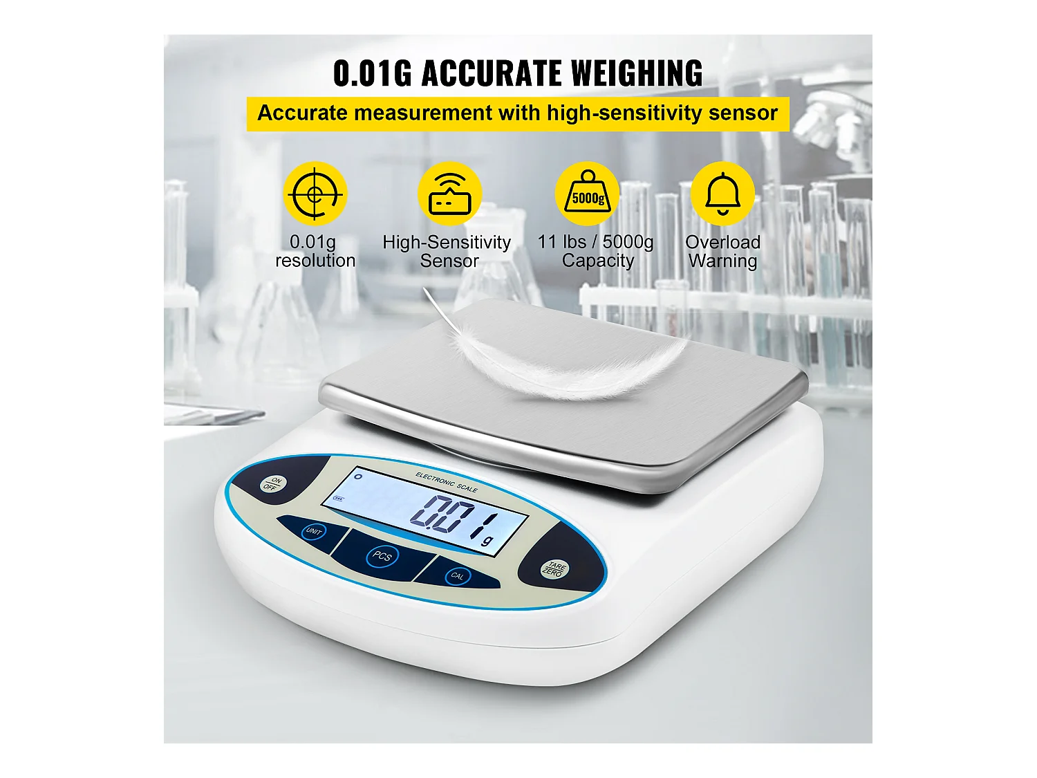 Balance Analytique de Laboratoire SucceBuy, Balance de Précision Numérique 5000 g x 0,01 g, Pesage Bijoux Échantillons