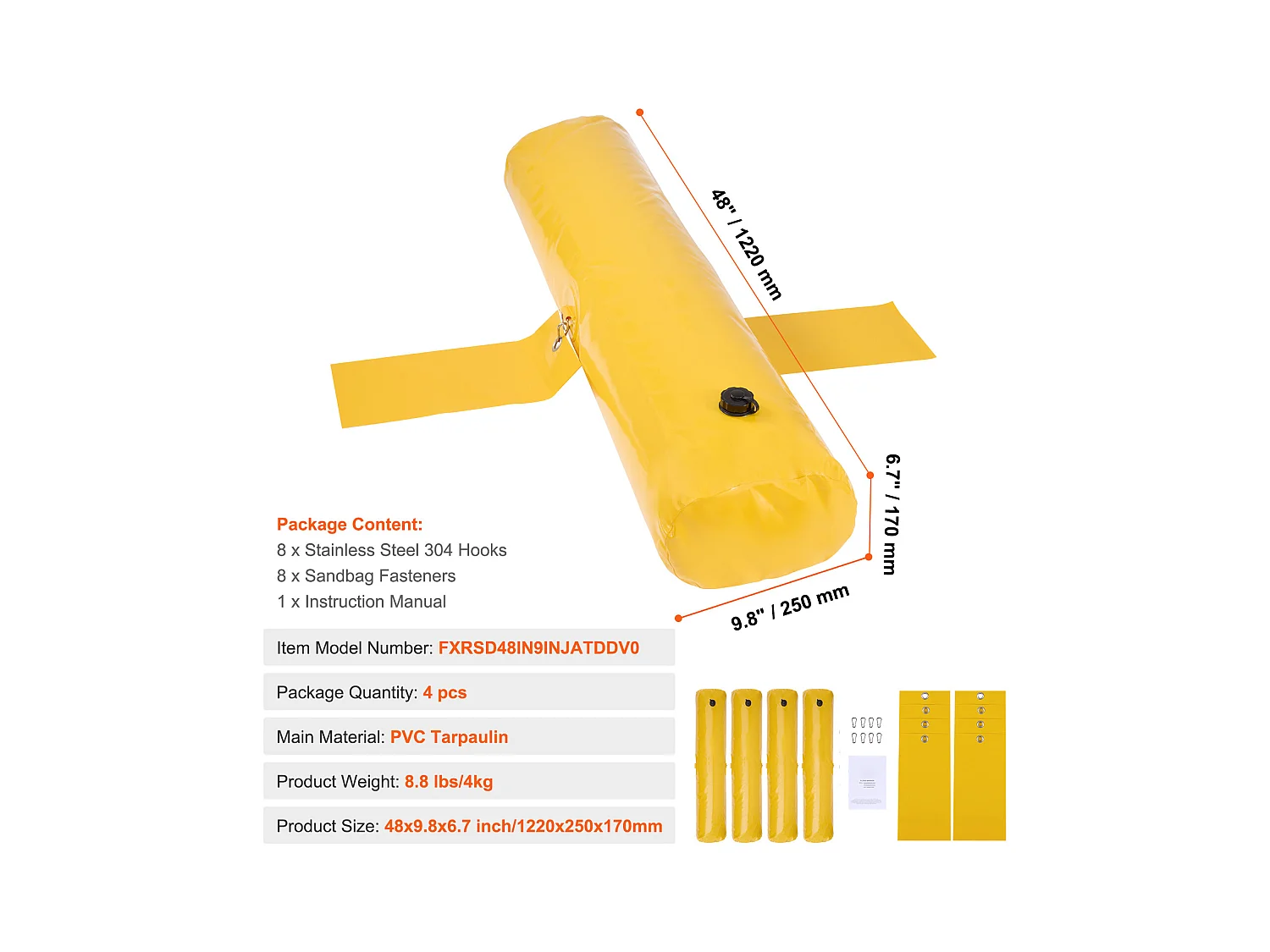 Barrière Anti-Inondation SucceBuy, 4 Pièces, 122 x 25 x 17 cm, Portable et Facile à Utiliser pour Maison, Entrée, Allée, Jaune