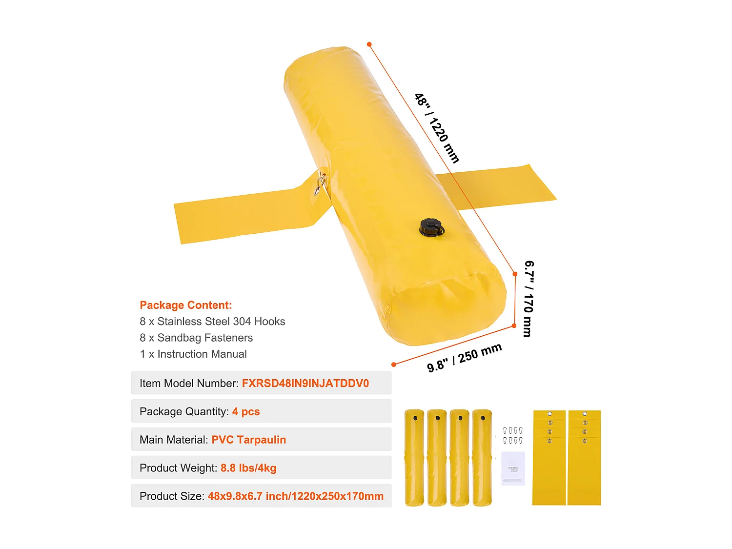 Barrière Anti-Inondation SucceBuy, 4 Pièces, 122 x 25 x 17 cm, Portable et Facile à Utiliser pour Maison, Entrée, Allée, Jaune