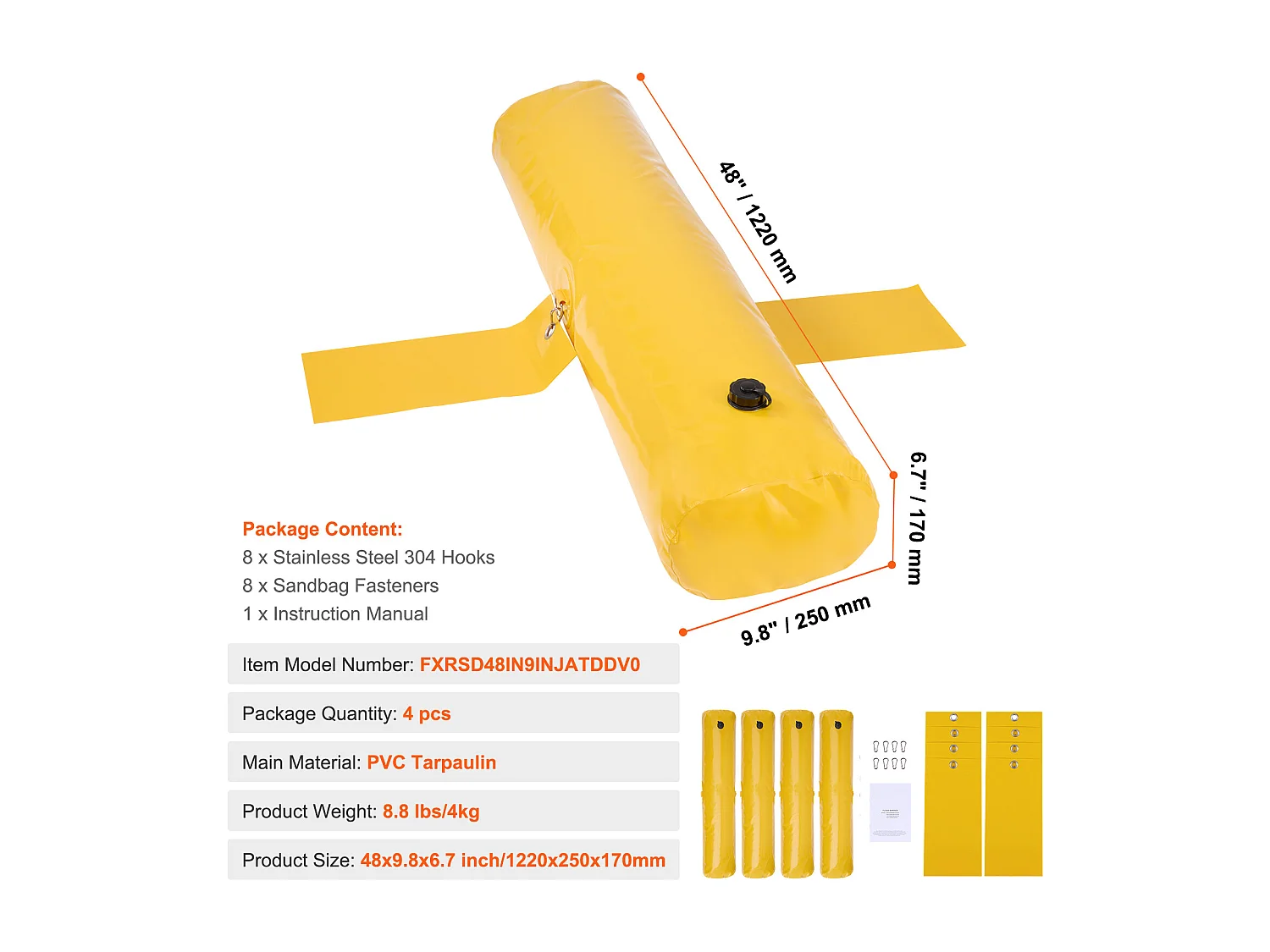 Barrière Anti-Inondation SucceBuy, 4 Pièces, 122 x 25 x 17 cm, Portable et Facile à Utiliser pour Maison, Entrée, Allée, Jaune