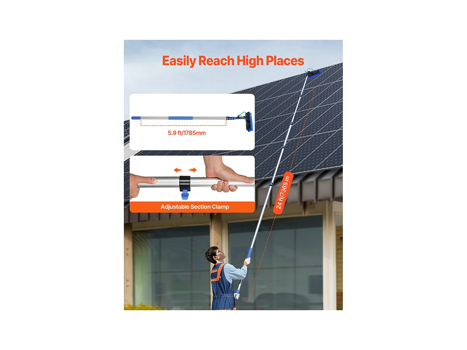 Kit Perche Télescopique SucceBuy Nettoyage de Panneaux Solaires Extensible à 7,3 M