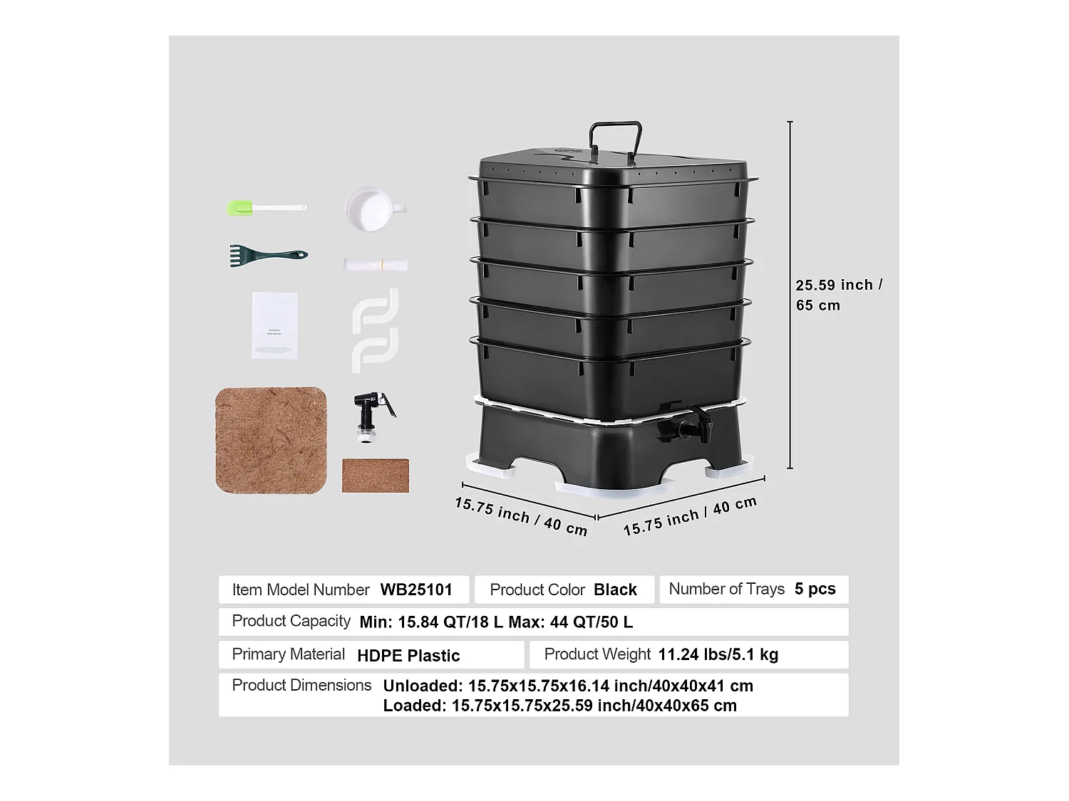 Lombricomposteur SucceBuy à 5 Plateaux Composteur de Jardin 50 L Bac à Compost à Vers Extérieur Intérieur